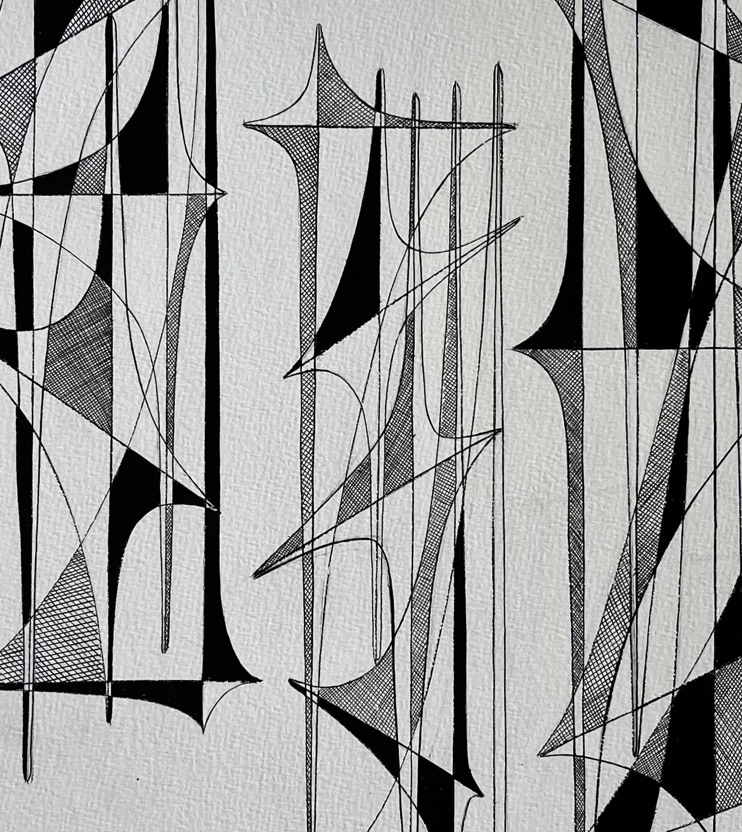 Mid Century French Black and White Linear Geometric Abstract Drawing im Angebot 4