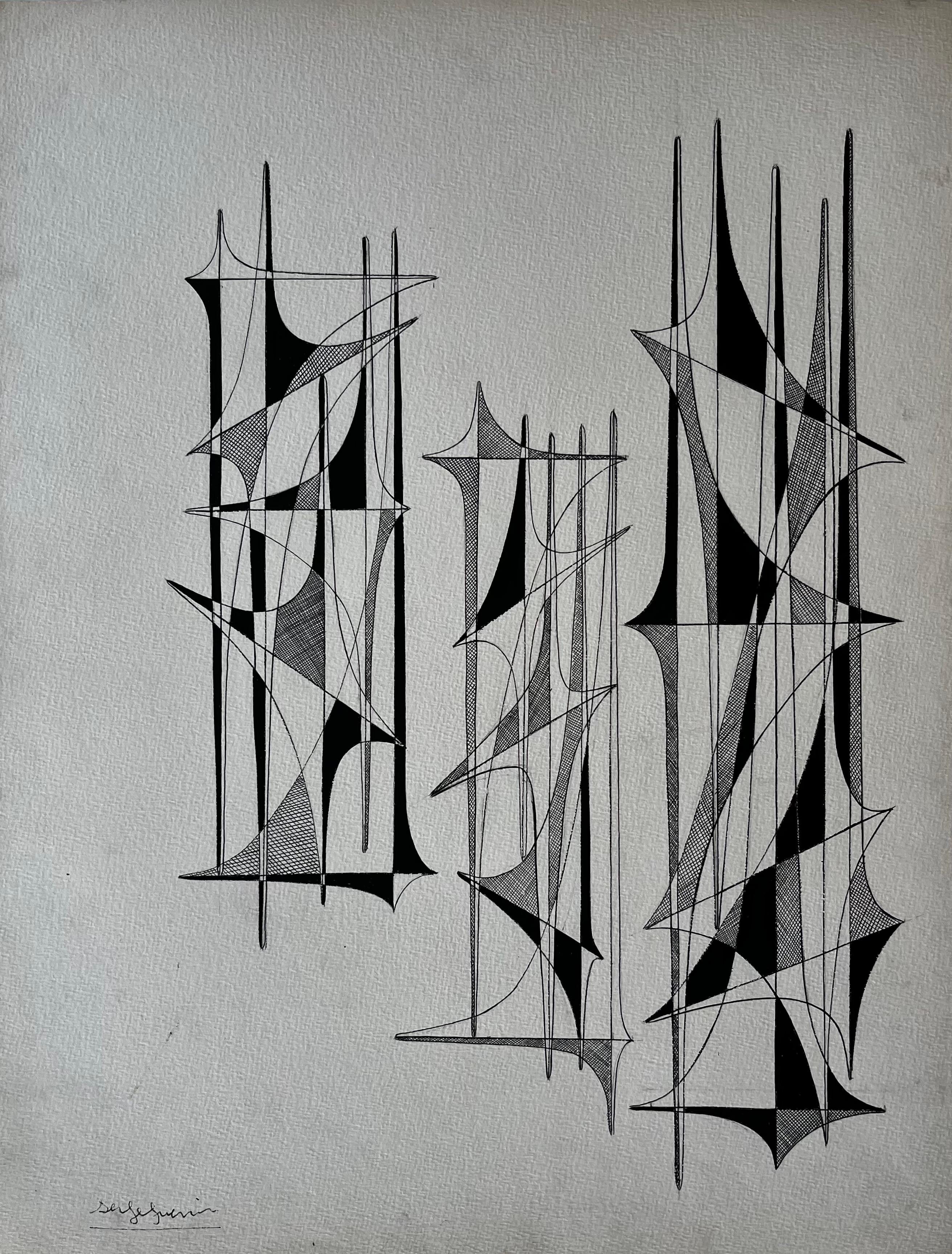 Mid Century French Black and White Linear Geometric Abstract Drawing