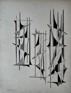 Vintage Mid Century French Black and White Linear Geometric Abstract Drawing