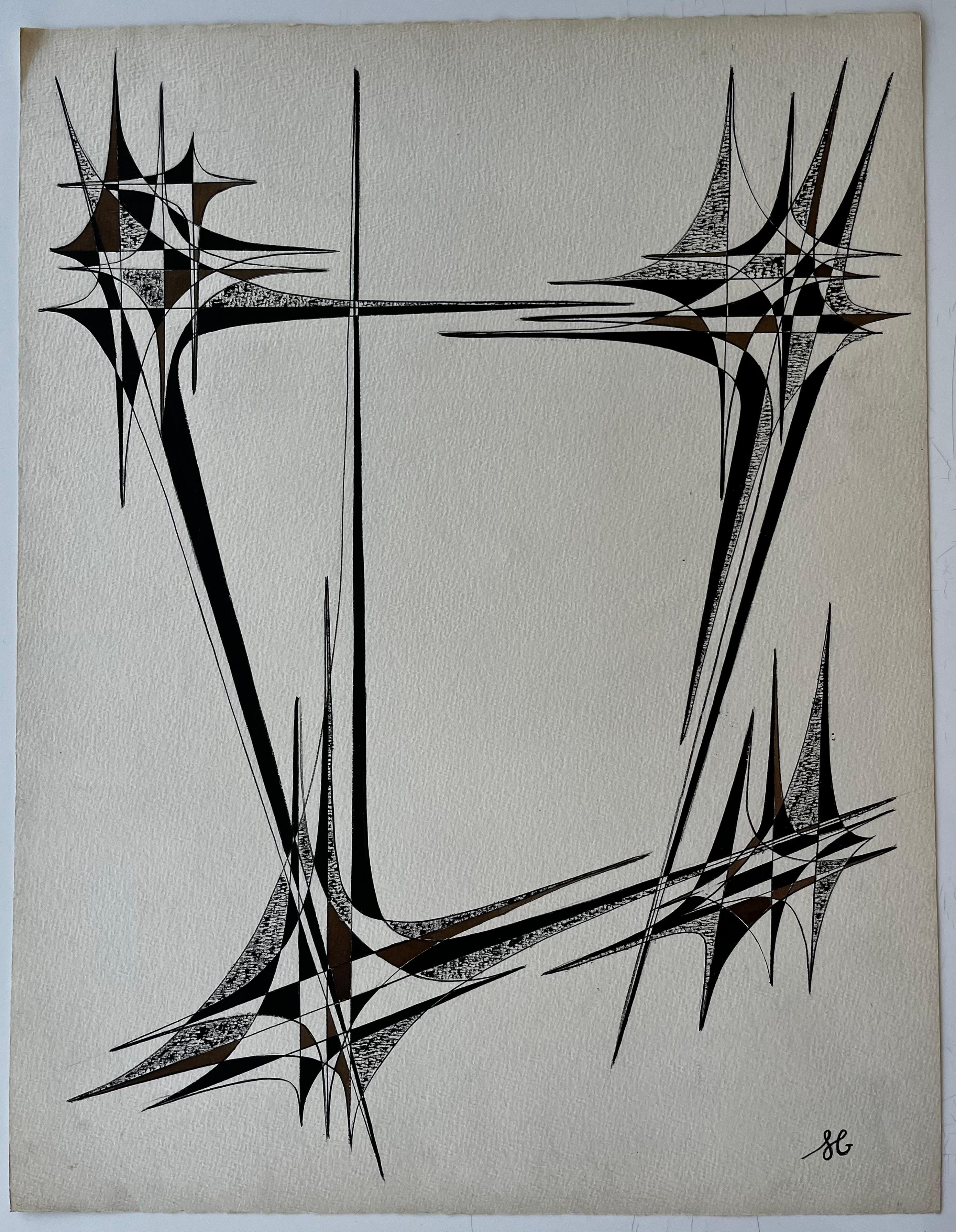 Mid Century French Geometric Abstract Black and Brown Ink Zeichnung auf Papier – Painting von Serge Guerin (1916)