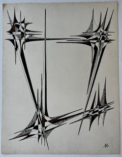 Mid Century French Geometric Abstract Black and Brown Ink Drawing on Paper