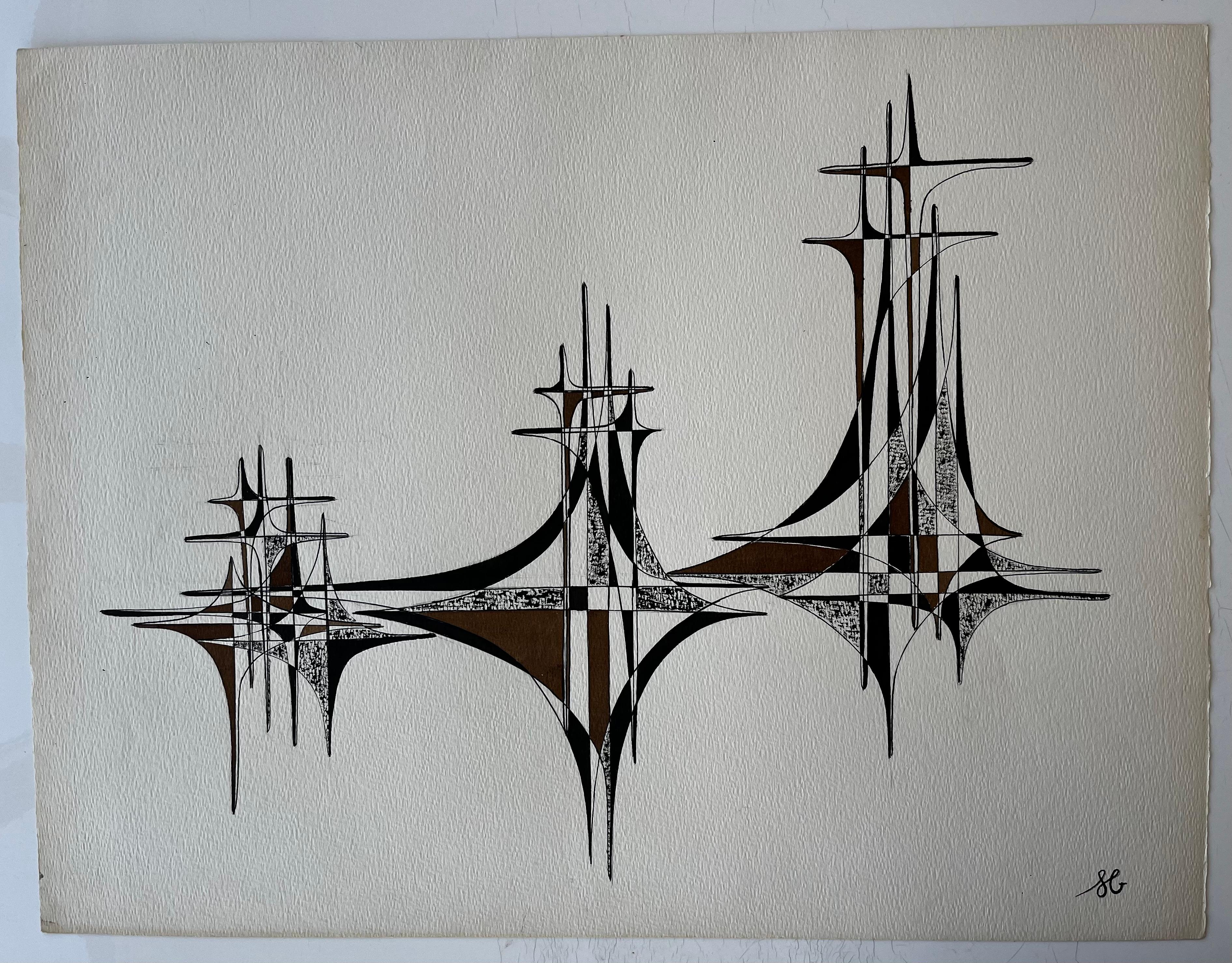 Mid Century French Geometric Abstract Black and Brown Ink Drawing on Paper - Abstract Geometric Art by Serge Guerin (1916)