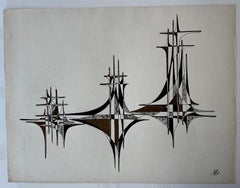 Mid Century French Geometric Abstract Black and Brown Ink Drawing on Paper