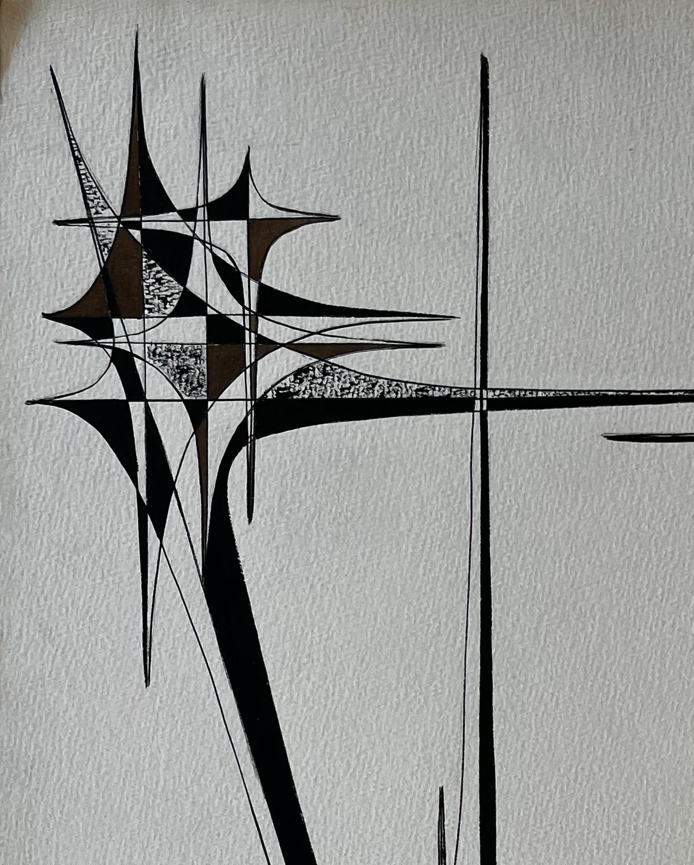 Mid Century French Geometric Abstract Black and Brown Ink Zeichnung auf Papier (Geometrische Abstraktion), Painting, von Serge Guerin (1916)