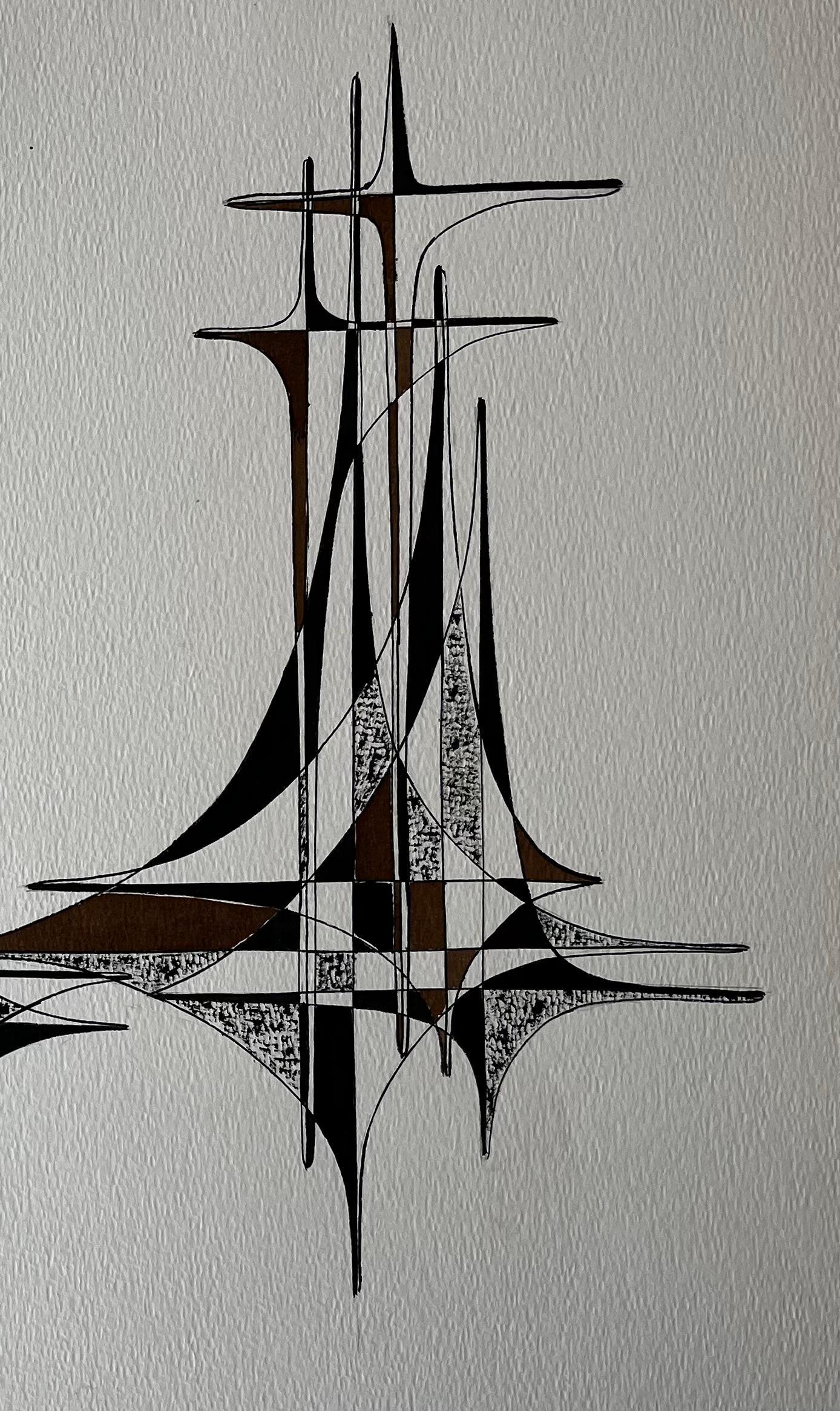 Title: Mid Century French Geometric Abstract Black and Brown Ink Drawing on Paper
by Serge Guerin (b. 1916), French
Signed with initials bottom right
Black and brown ink on paper, unframed
Size: 19.75 (height) x 25.75 (width) inches
Provenance: