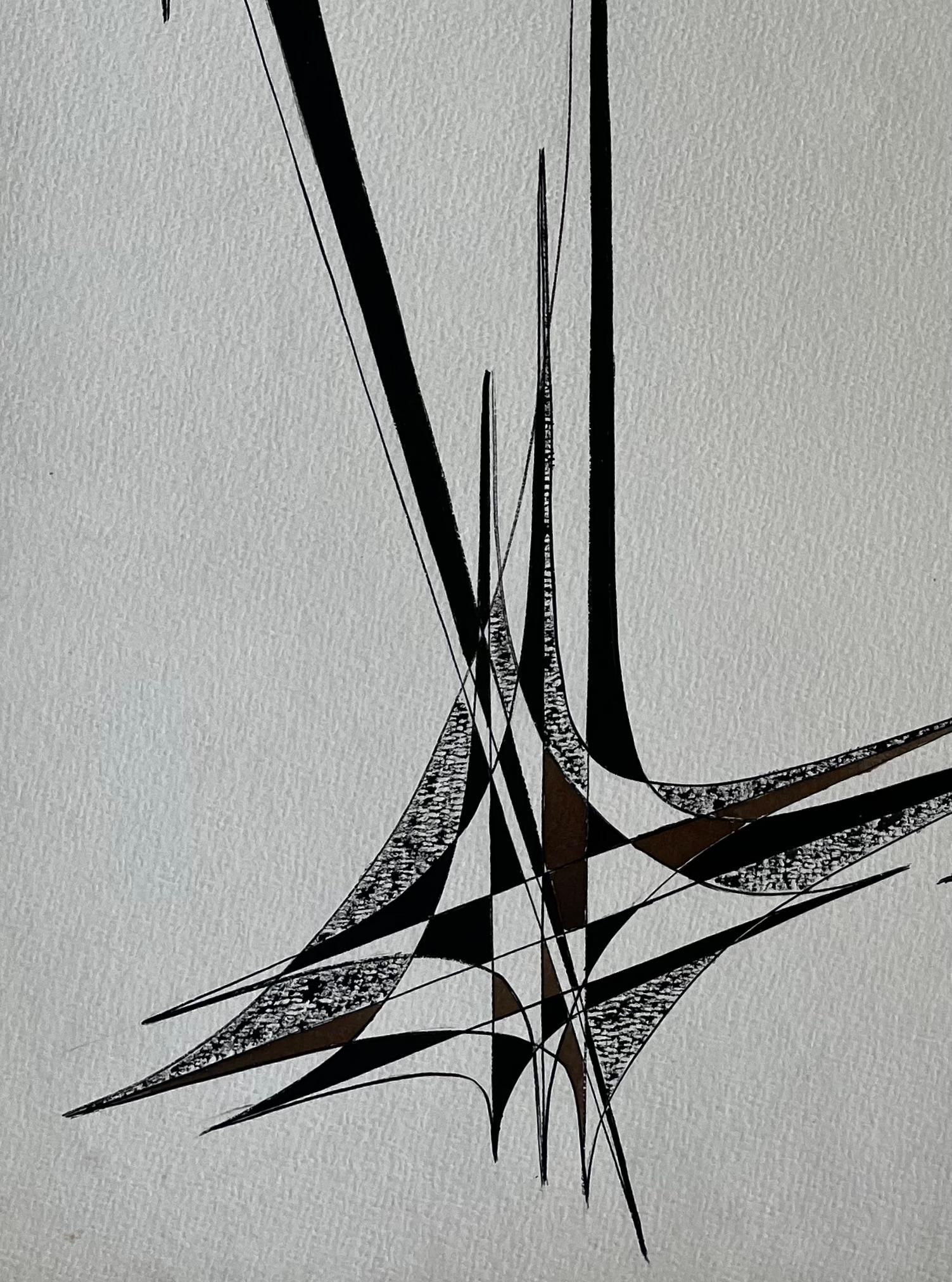 Mid Century French Geometric Abstract Black and Brown Ink Zeichnung auf Papier (Grau), Abstract Painting, von Serge Guerin (1916)