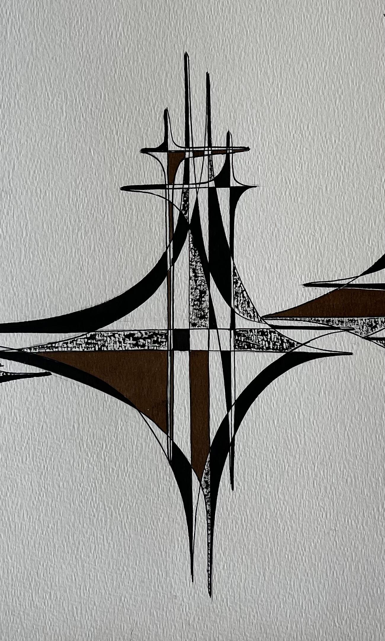 Mid Century French Geometric Abstract Black and Brown Ink Drawing on Paper For Sale 1