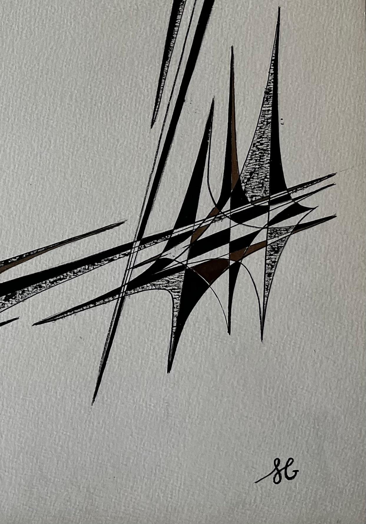 Titel: Mid Century French Geometric Abstract Black and Brown Ink Zeichnung auf Papier
von Serge Guerin (geb. 1916), Franzose
Signiert mit Initialen unten rechts
Schwarze und braune Tinte auf Papier, ungerahmt
Größe: 25,75 (Höhe) x 19,75 (Breite)