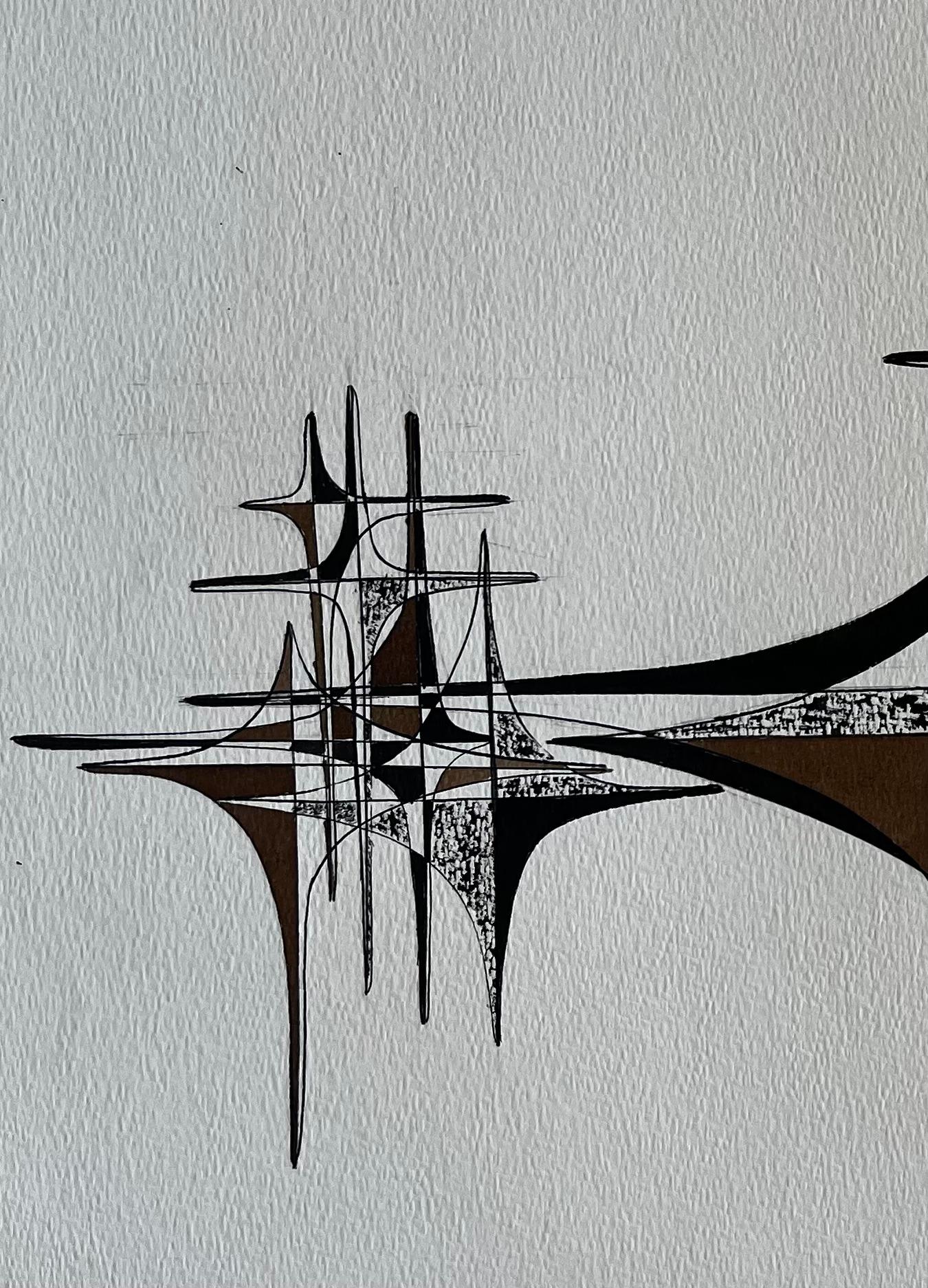 Mid Century French Geometric Abstract Black and Brown Ink Drawing on Paper For Sale 2
