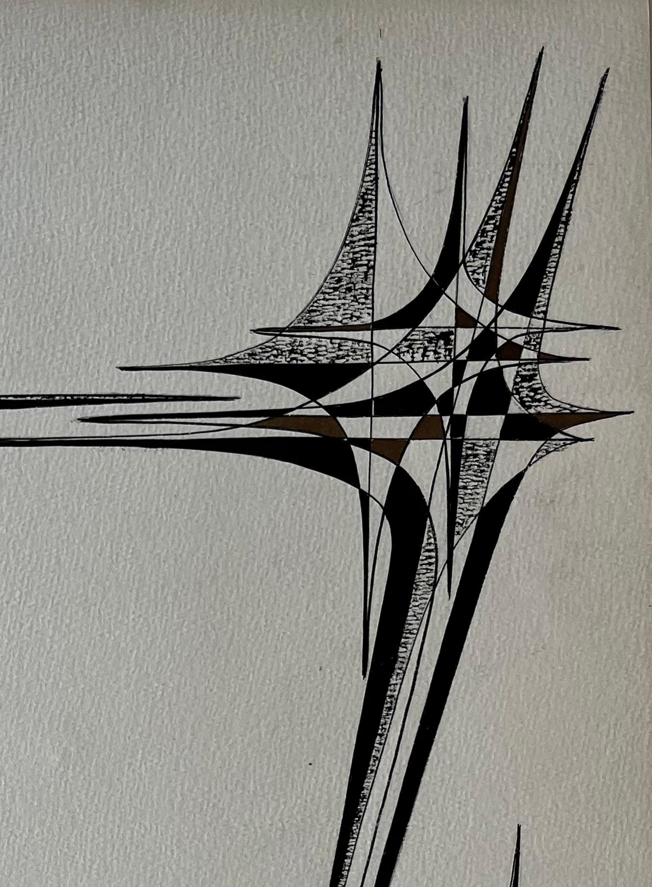 Mid Century French Geometric Abstract Black and Brown Ink Zeichnung auf Papier im Angebot 1