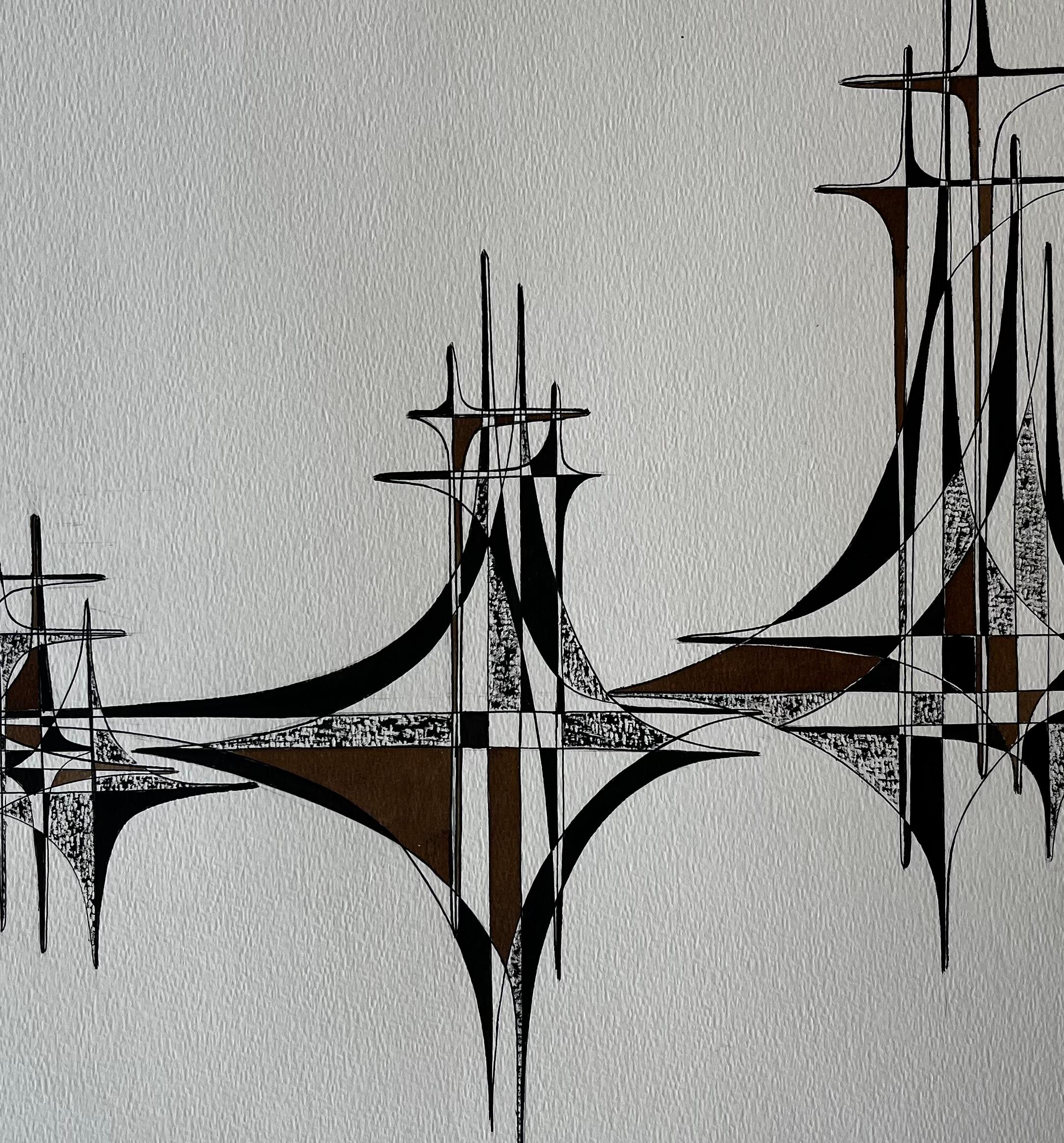 Mid Century French Geometric Abstract Black and Brown Ink Drawing on Paper For Sale 3