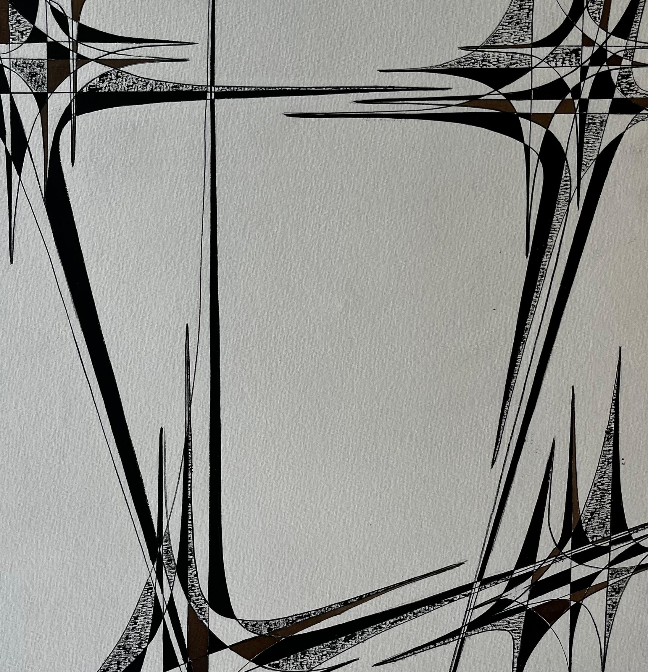 Mid Century French Geometric Abstract Black and Brown Ink Zeichnung auf Papier im Angebot 2