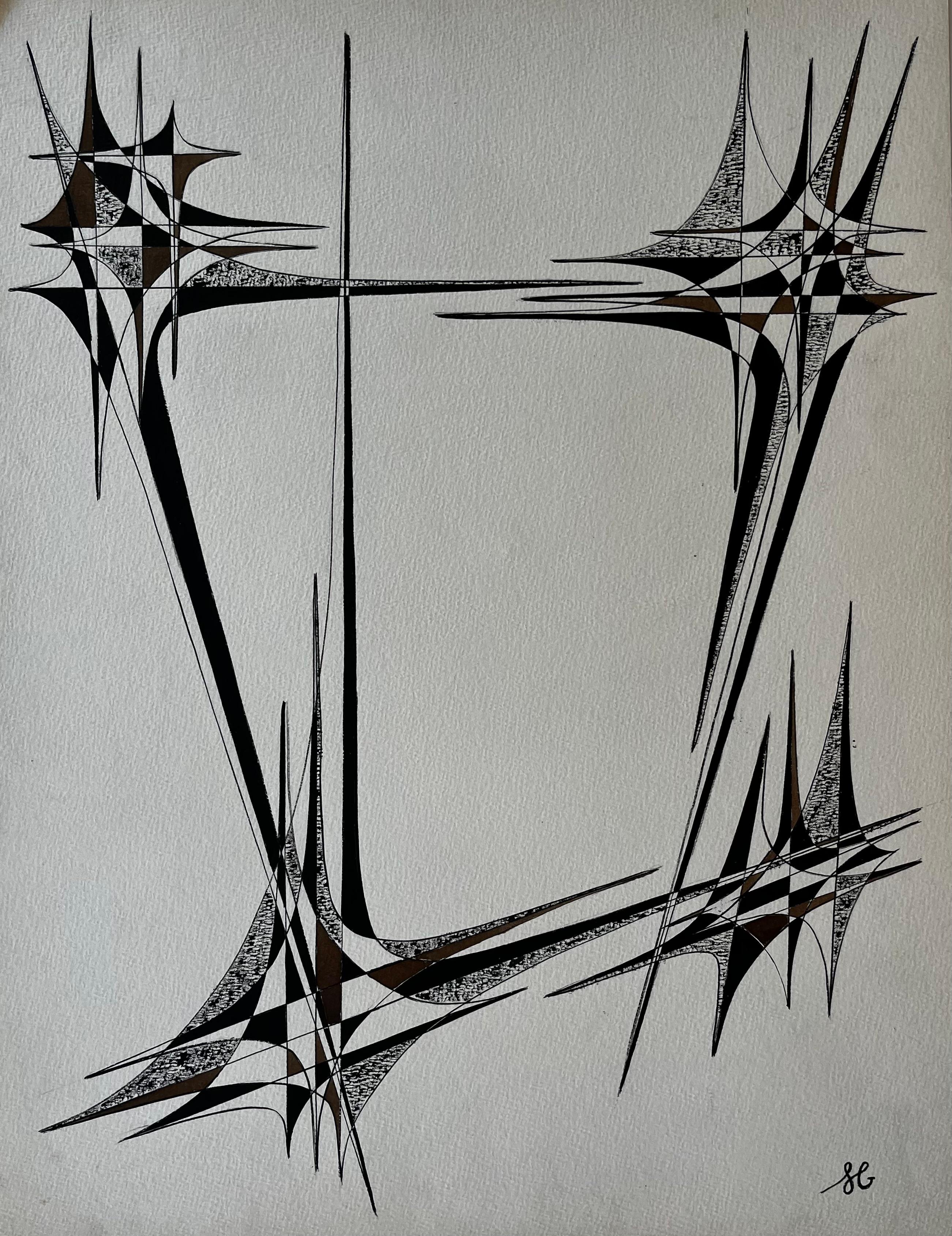 Mid Century French Geometric Abstract Black and Brown Ink Drawing on Paper