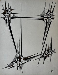 Mid Century French Geometric Abstract Black and Brown Ink Drawing on Paper
