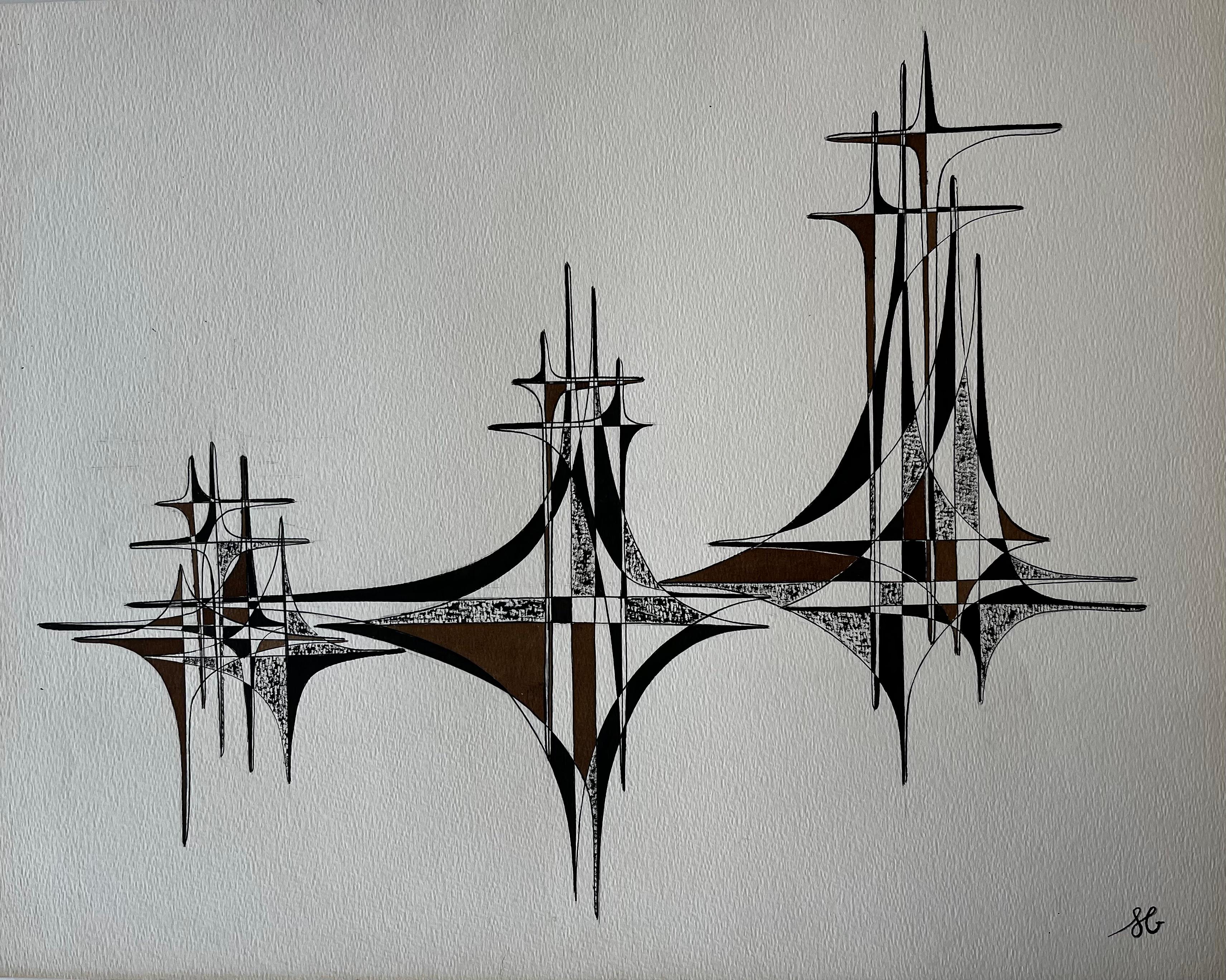 Mid Century French Geometric Abstract Black and Brown Ink Drawing on Paper - Art by Serge Guerin (1916)