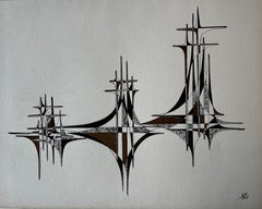 Mid Century French Geometric Abstract Black and Brown Ink Drawing on Paper