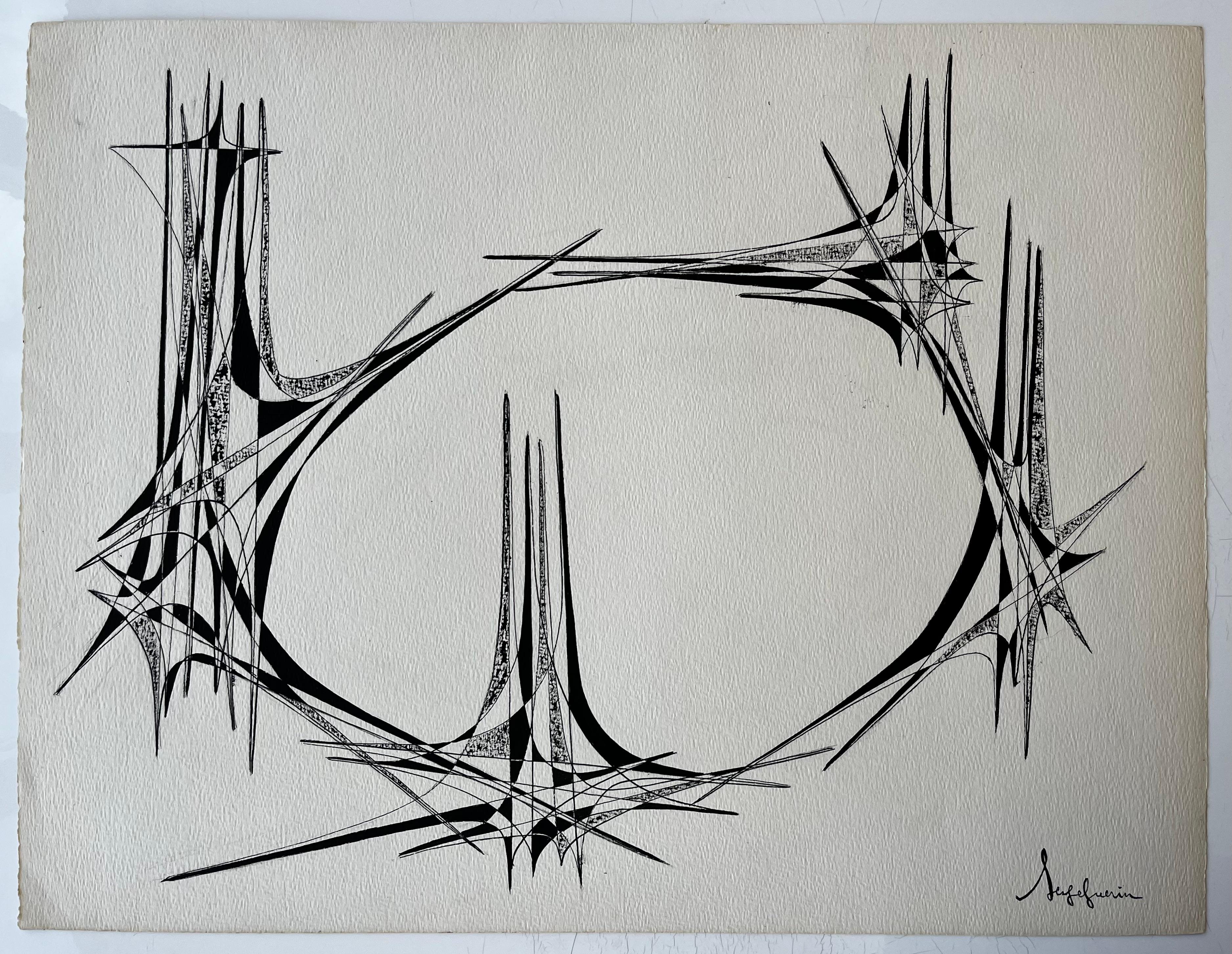 Mid Century French Geometric Abstract Circular Composition Ink on Paper - Abstract Geometric Art by Serge Guerin (1916)