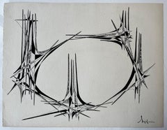 Mid Century French Geometric Abstract Circular Composition Ink on Paper