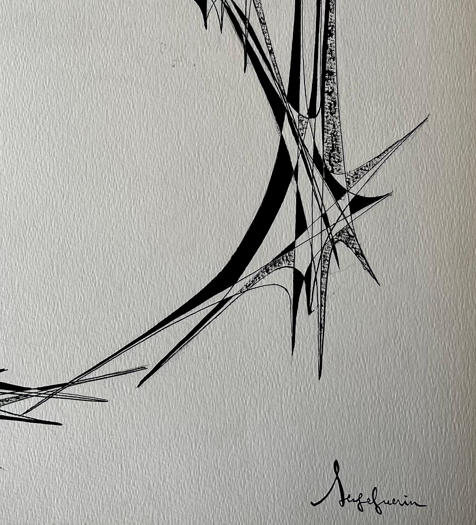 Mid Century French Geometric Abstract Circular Composition Ink on Paper For Sale 1