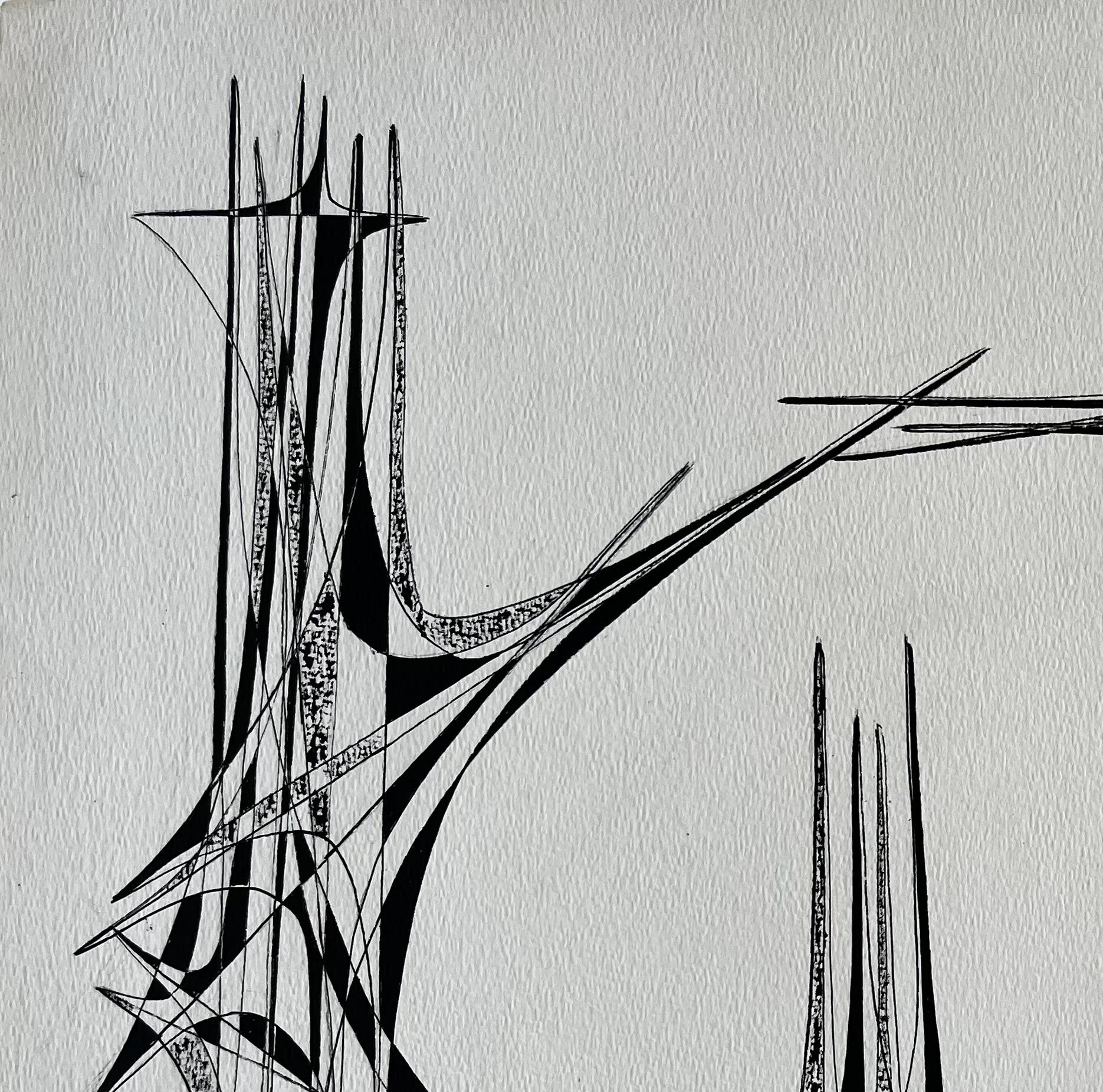 Mid Century French Geometric Abstract Circular Composition Ink on Paper For Sale 2