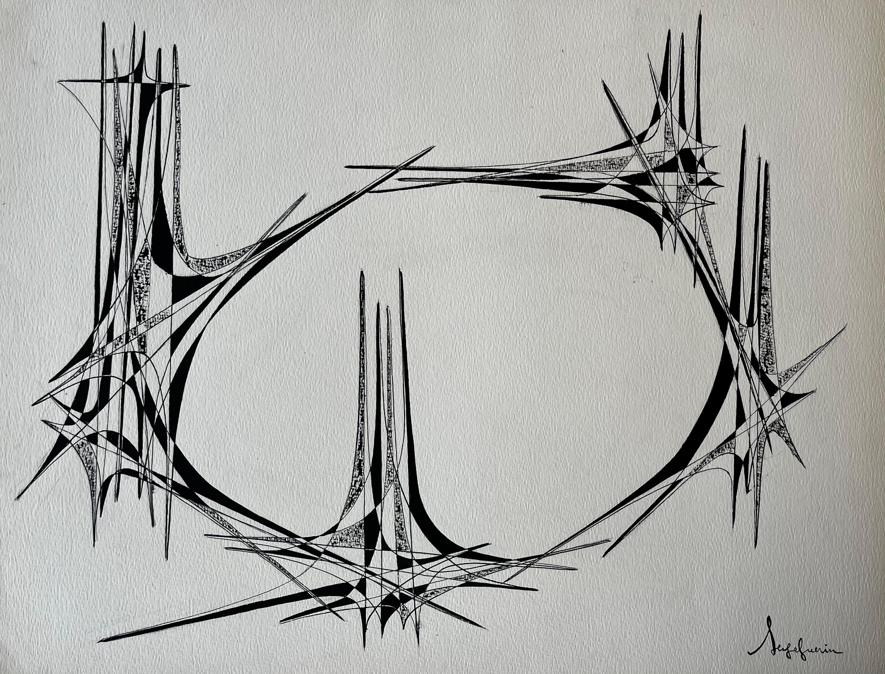 Mid Century French Geometric Abstract Circular Composition Ink on Paper - Art by Serge Guerin (1916)