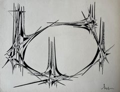 Mid Century French Geometric Abstract Circular Composition Ink on Paper