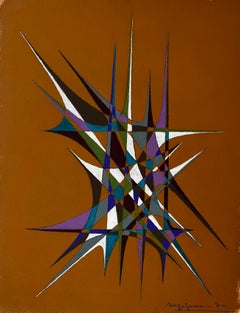 Mid Century French Geometric Abstract Composition in Earth and Jewel Tones