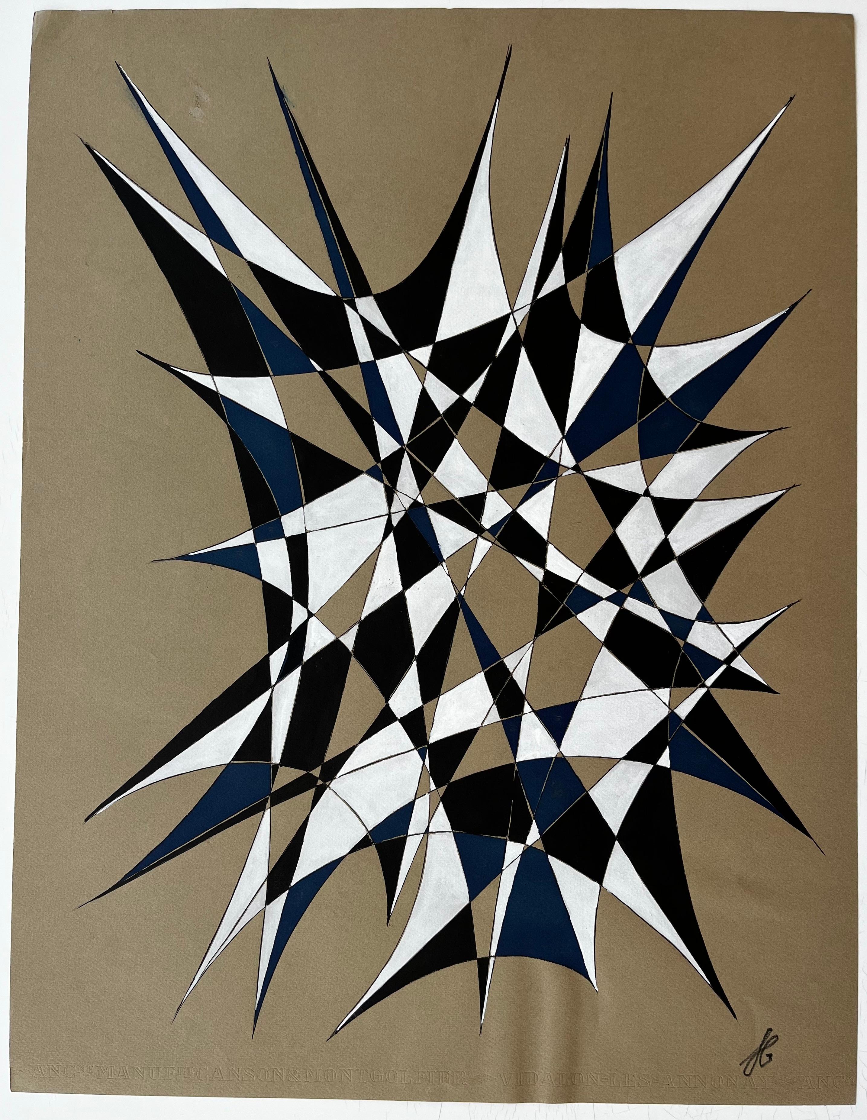 Mid Century French Geometric Abstract in Black White and Blue Signed SG – Painting von Serge Guerin (1916)