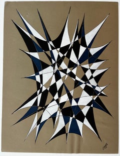 Mid Century French Geometric Abstract in Schwarz Weiß und Blau Signiert SG