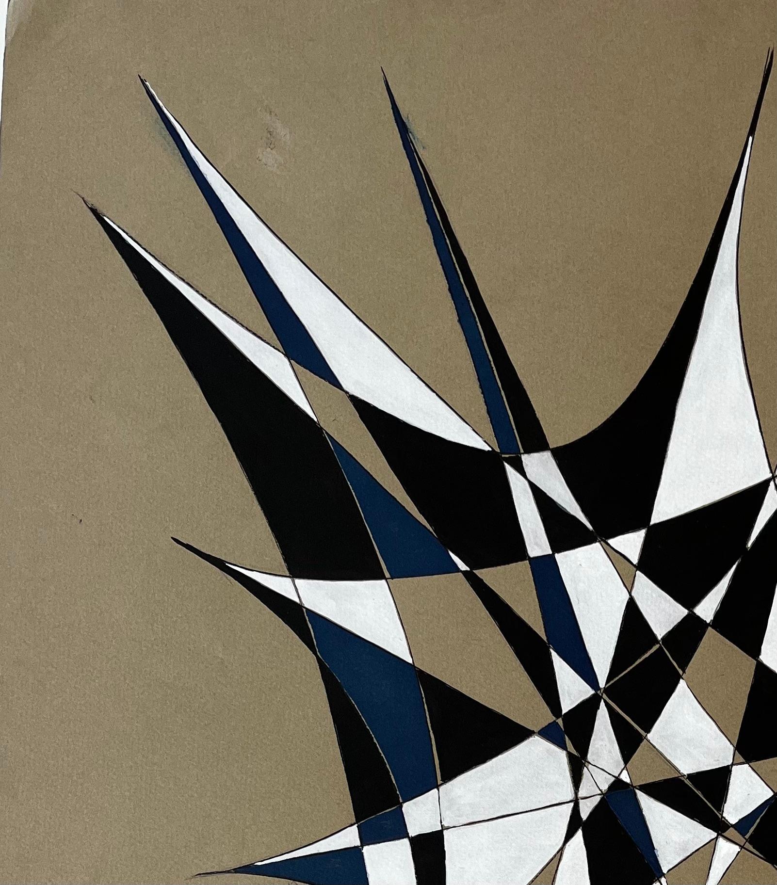 Mid Century French Geometric Abstract in Black White and Blue Signed SG (Geometrische Abstraktion), Painting, von Serge Guerin (1916)