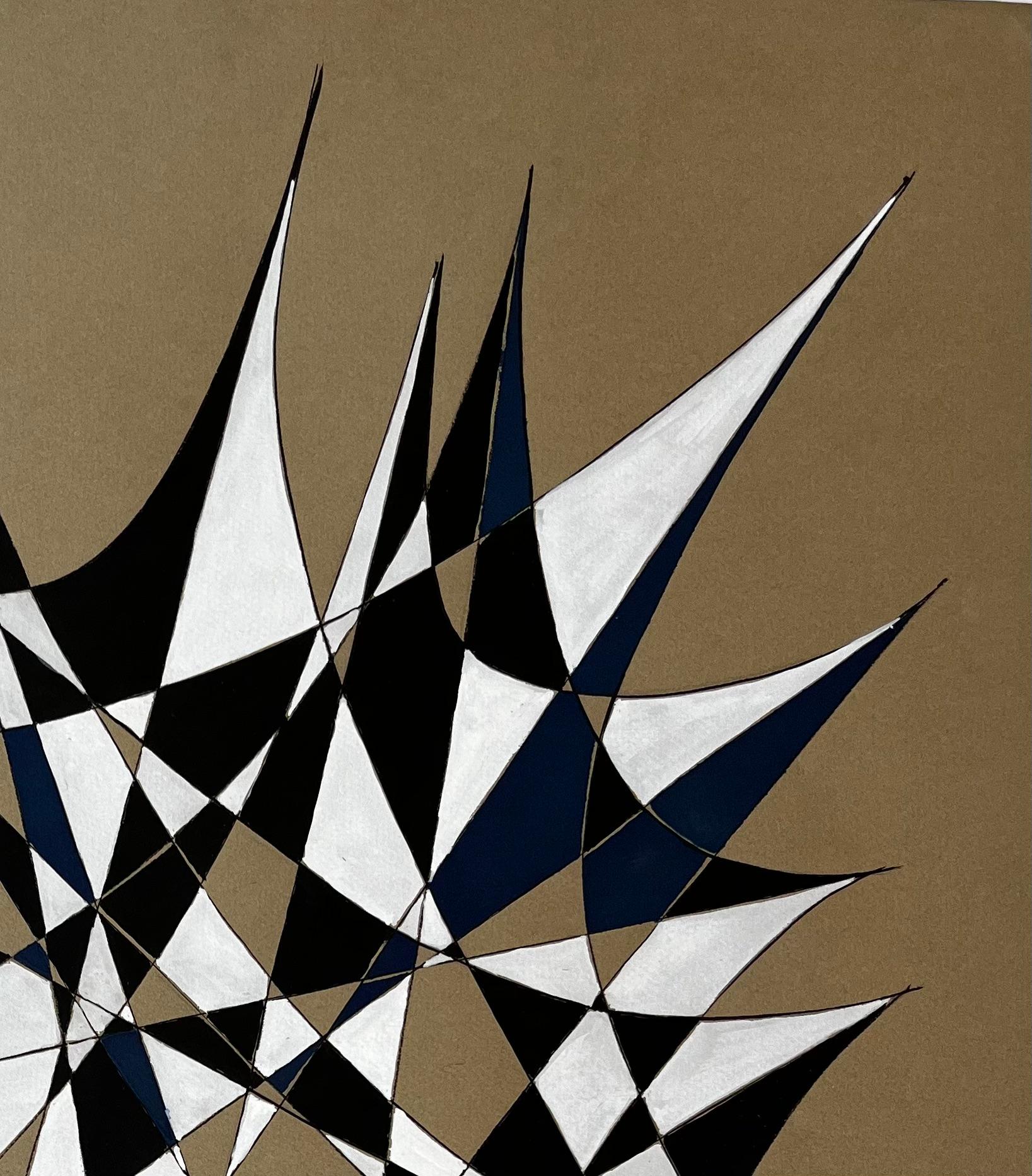 Mid Century French Geometric Abstract in Black White and Blue Signed SG (Braun), Abstract Painting, von Serge Guerin (1916)