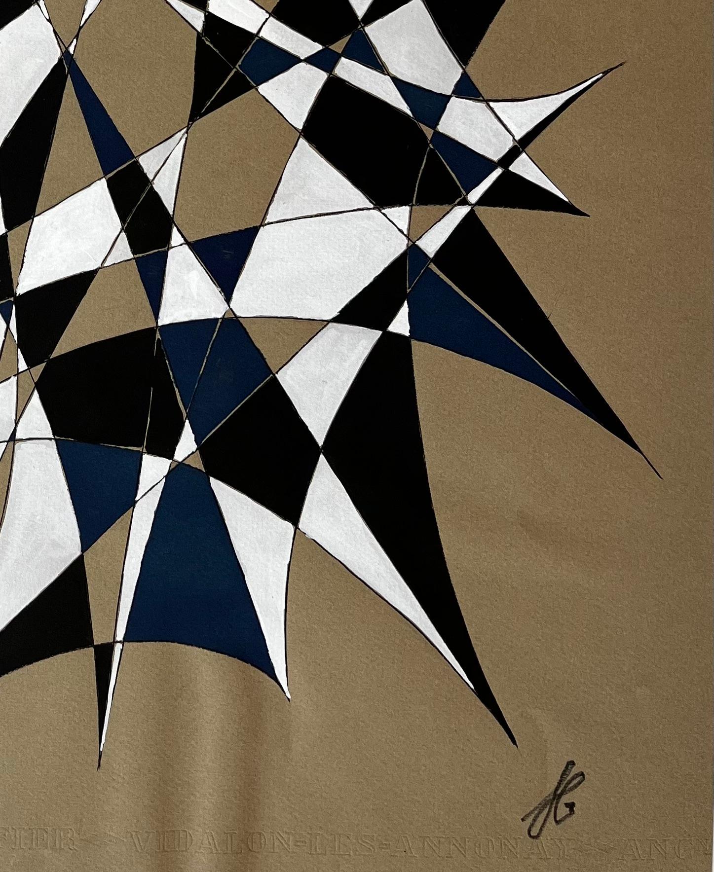 Title: Mid Century French Geometric Abstract in Black White and Blue Signed SG
by Serge Guerin (b. 1916), French
signed lower right “SG”, name stamped verso
Acrylic and gouache on artists paper, unframed
Size: 25.75 (height) x 19.75 (width)