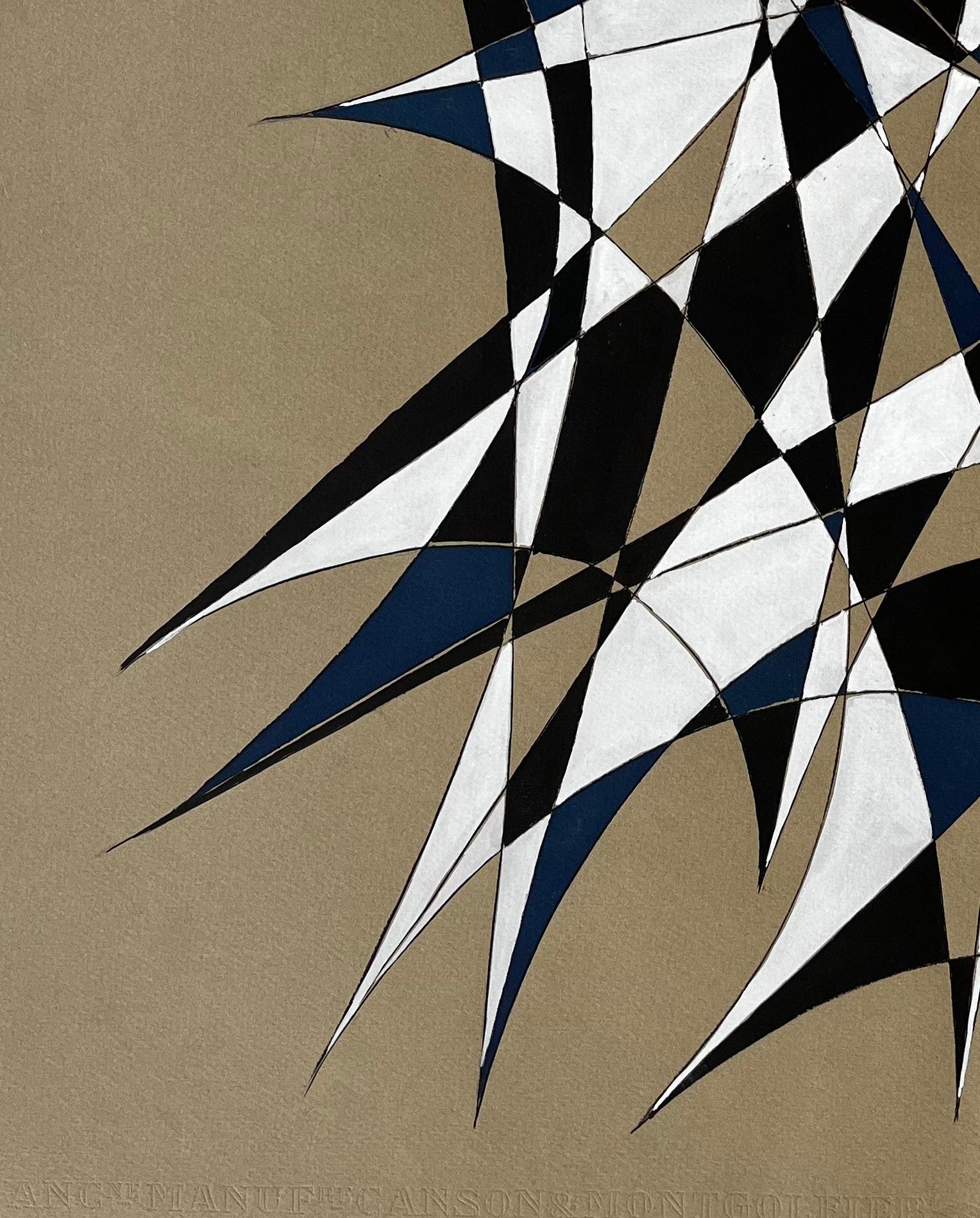 Mid Century French Geometric Abstract in Black White and Blue Signed SG im Angebot 1