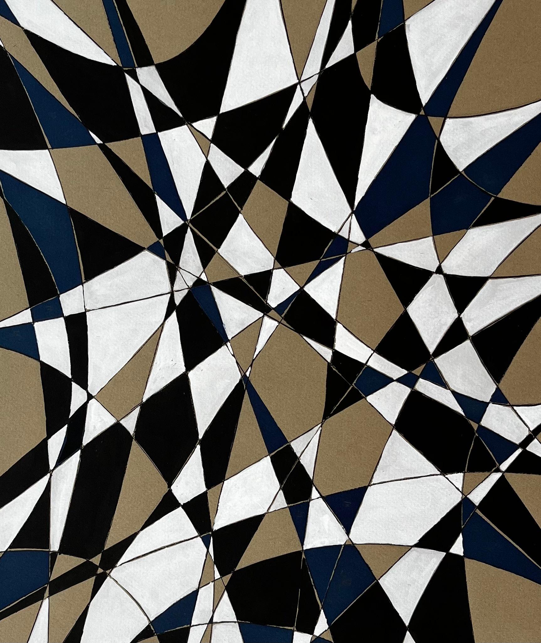 Mid Century French Geometric Abstract in Black White and Blue Signed SG im Angebot 2