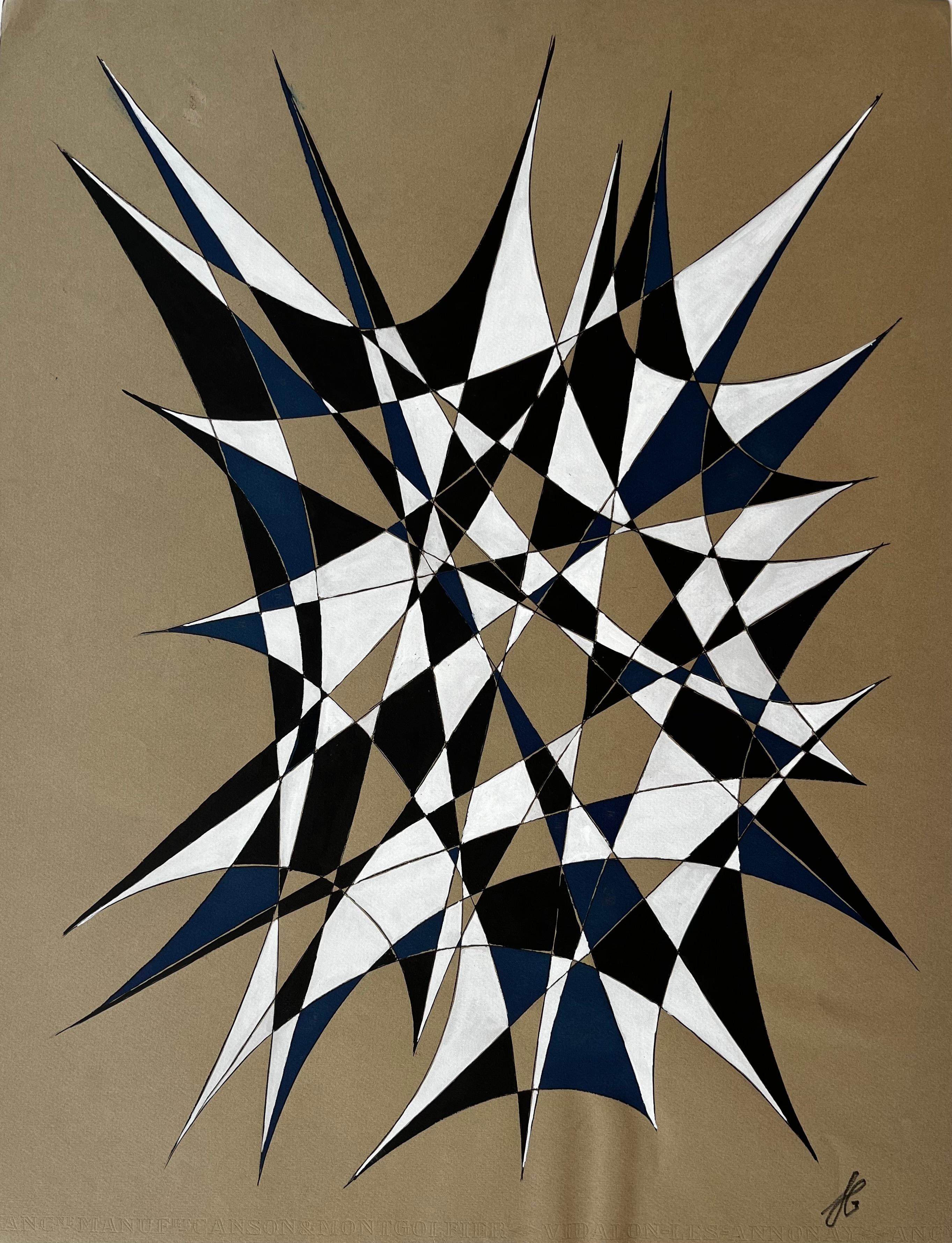 Mid Century French Geometric Abstract in Black White and Blue Signed SG