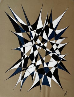 Mid Century French Geometric Abstract in Black White and Blue Signed SG