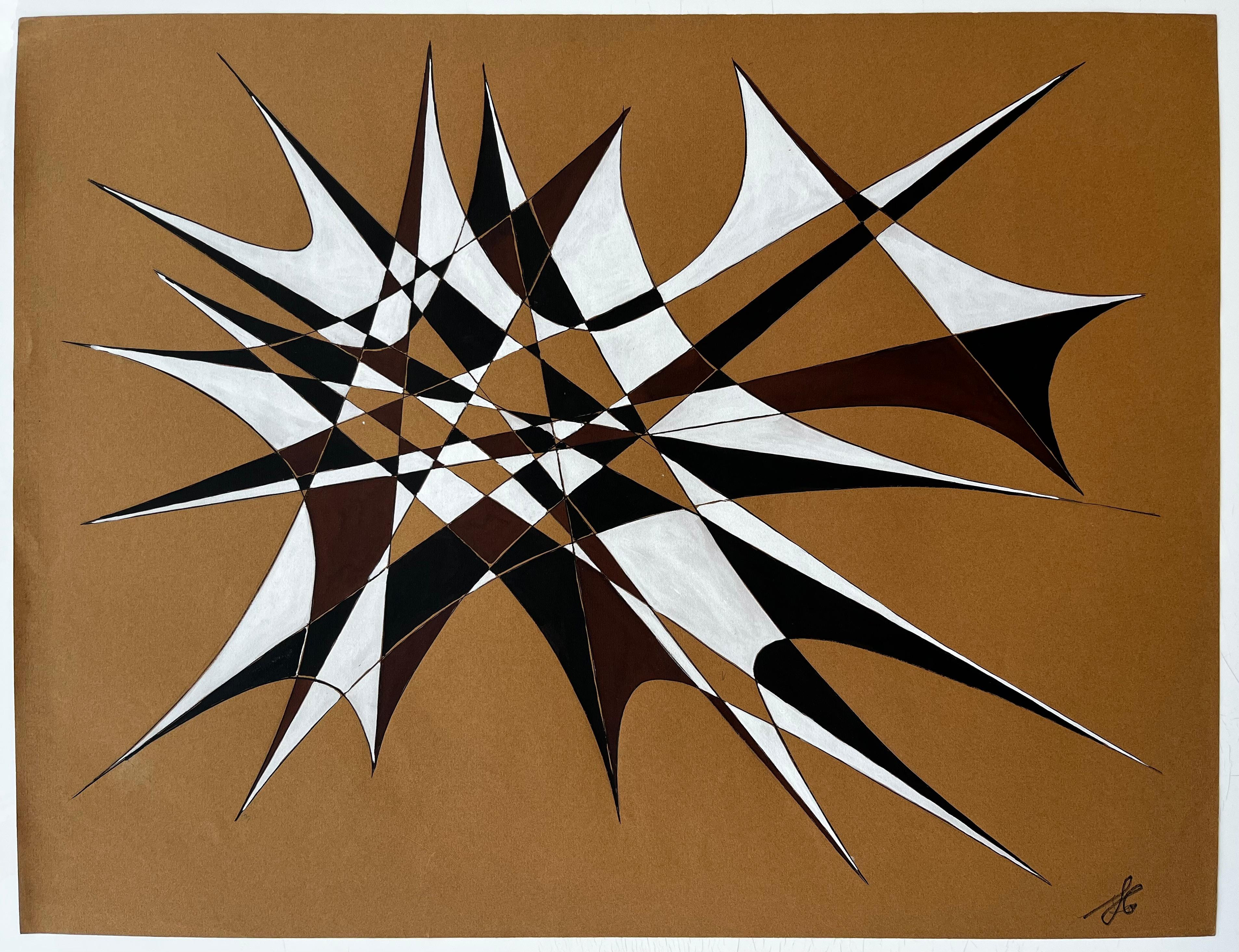 Mid Century French Geometric Abstract in Black White and Brown Signed SG (Geometrische Abstraktion), Art, von Serge Guerin (1916)