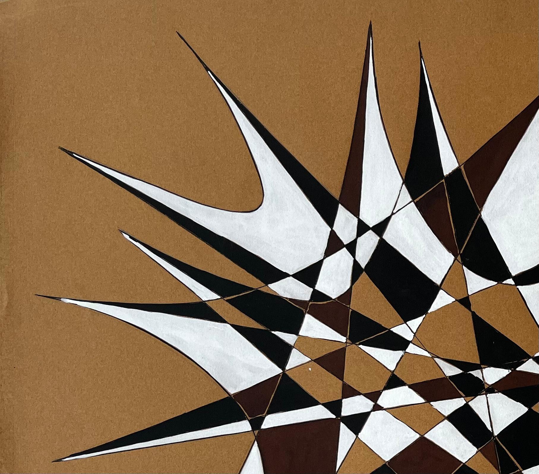 Title: Mid Century French Geometric Abstract in Black White and Brown Signed SG
by Serge Guerin (b. 1916), French
signed lower right “SG”, name stamped verso
Acrylic and gouache on brown artists paper, unframed
Size: 19.75 (height) x 25.75 (width)