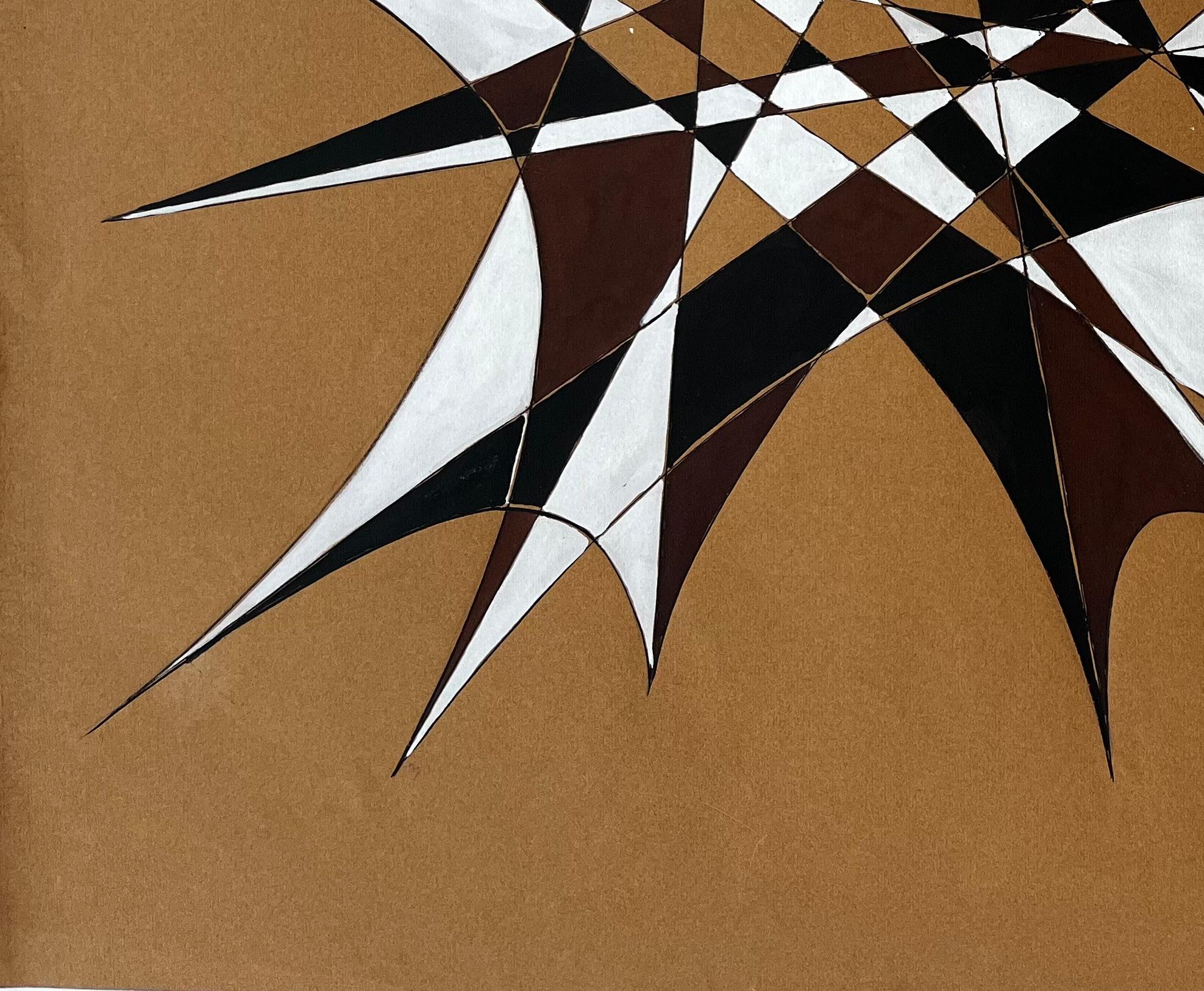 Mid Century French Geometric Abstract in Black White and Brown Signed SG im Angebot 3