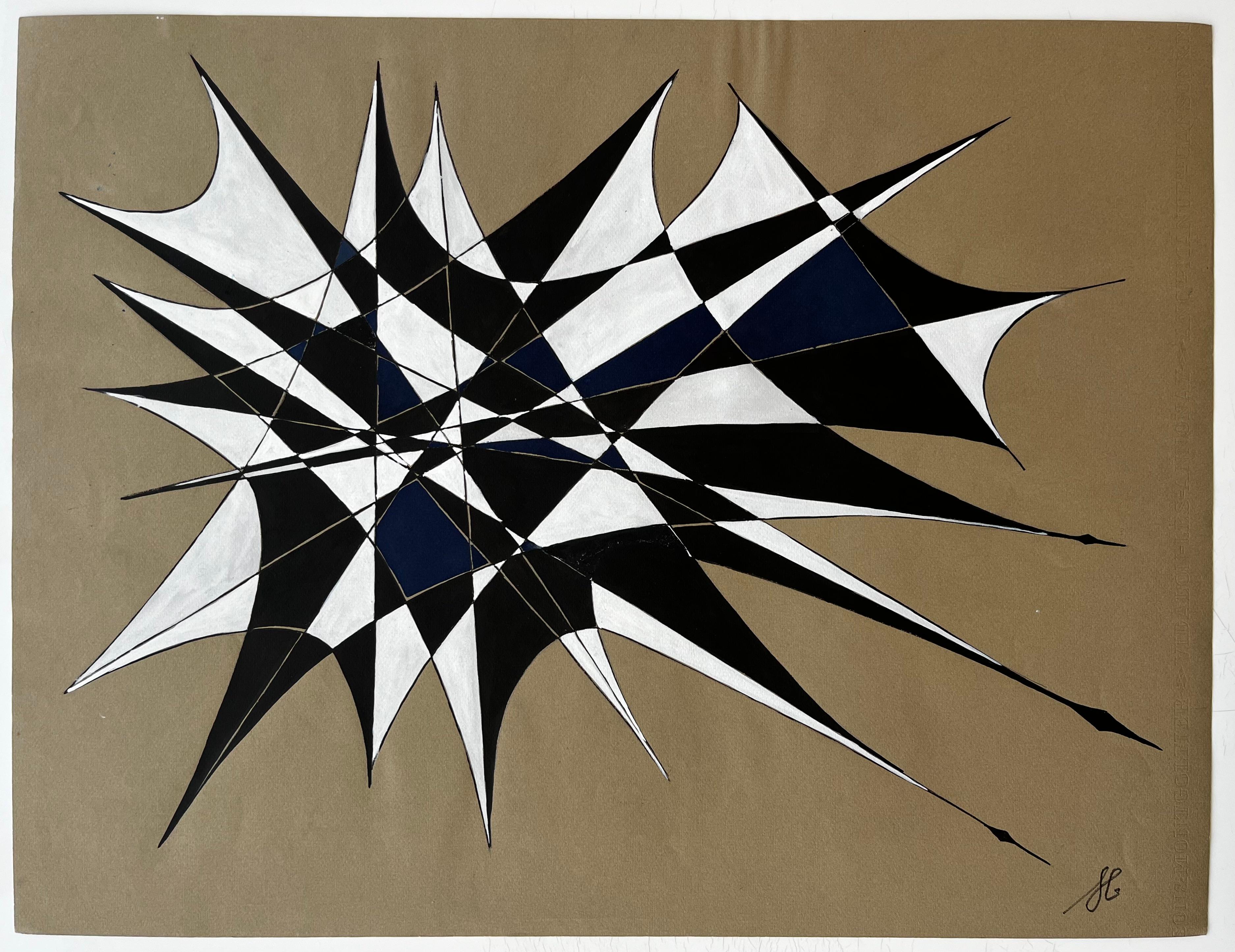 Mid Century French Geometric Abstract in Black White and Navy Signed SG (Geometrische Abstraktion), Art, von Serge Guerin (1916)