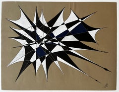 Abstracto geométrico francés de mediados de siglo en blanco negro y azul marino Firmado SG