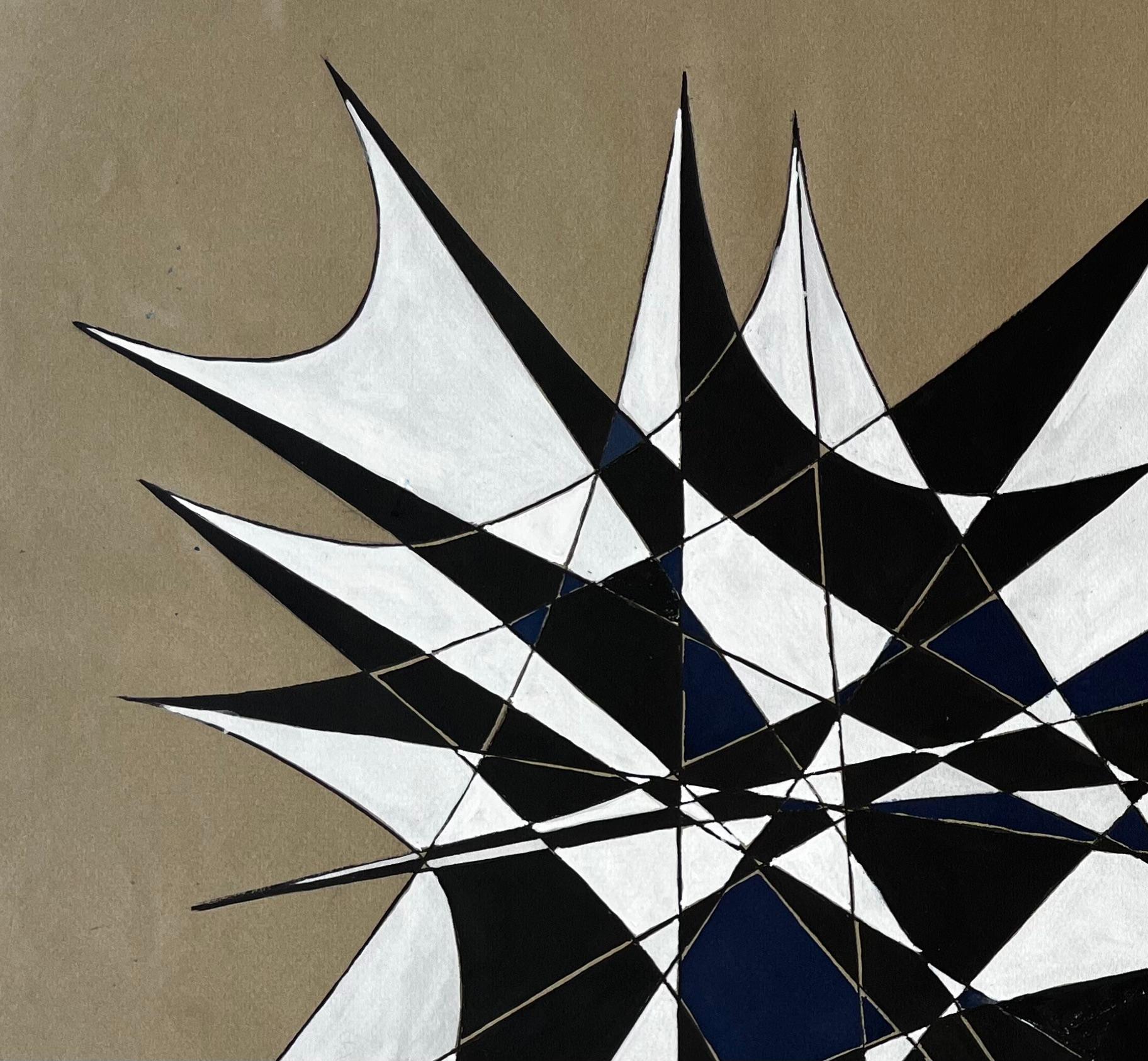 Title: Mid Century French Geometric Abstract in Black White and Navy Signed SG
by Serge Guerin (b. 1916), French
signed lower right “SG”, name stamped verso
Acrylic and gouache on artists paper, unframed
Size: 19.75 (height) x 25.75 (width)