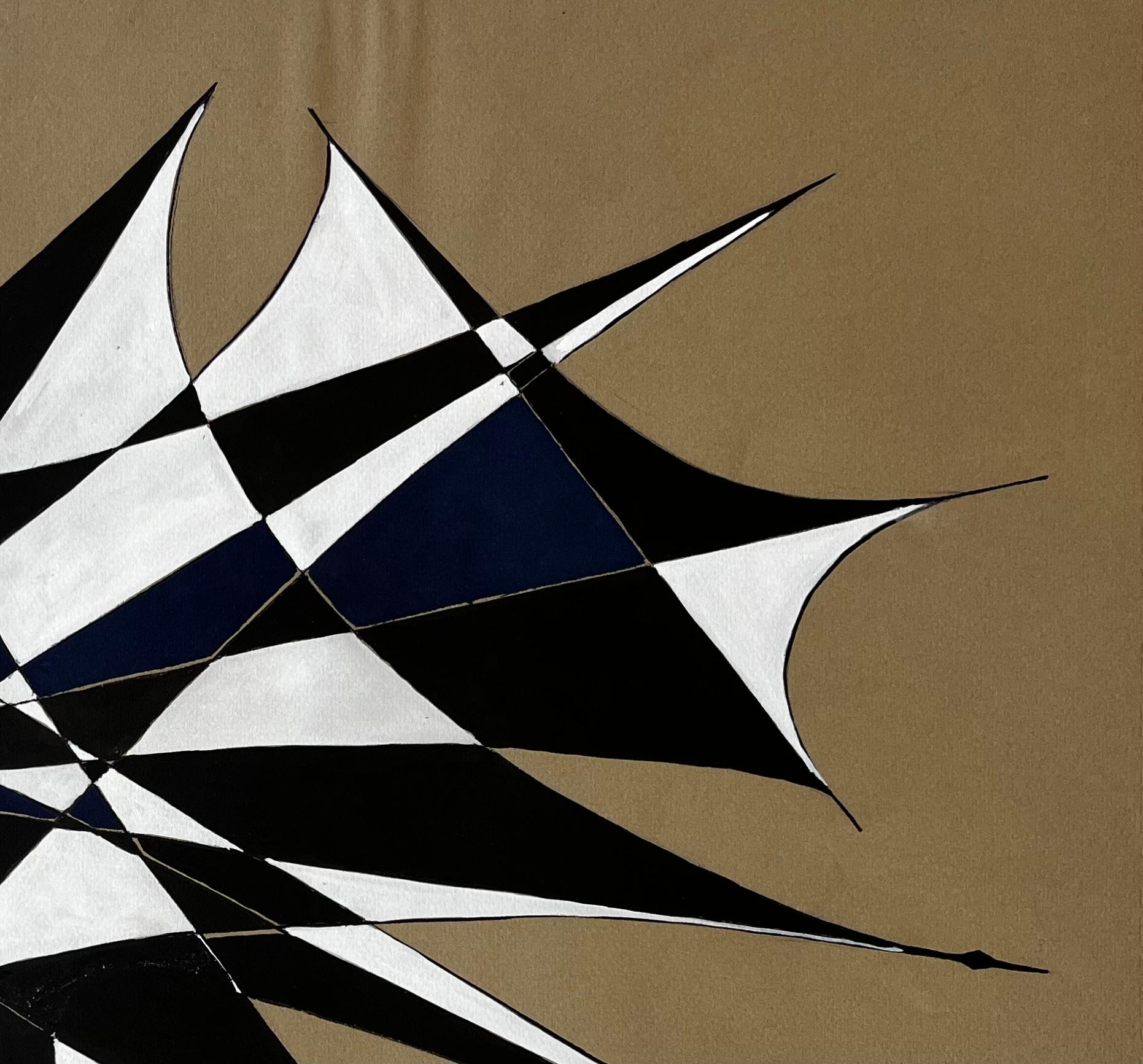 Mid Century French Geometric Abstract in Black White and Navy Signed SG im Angebot 1