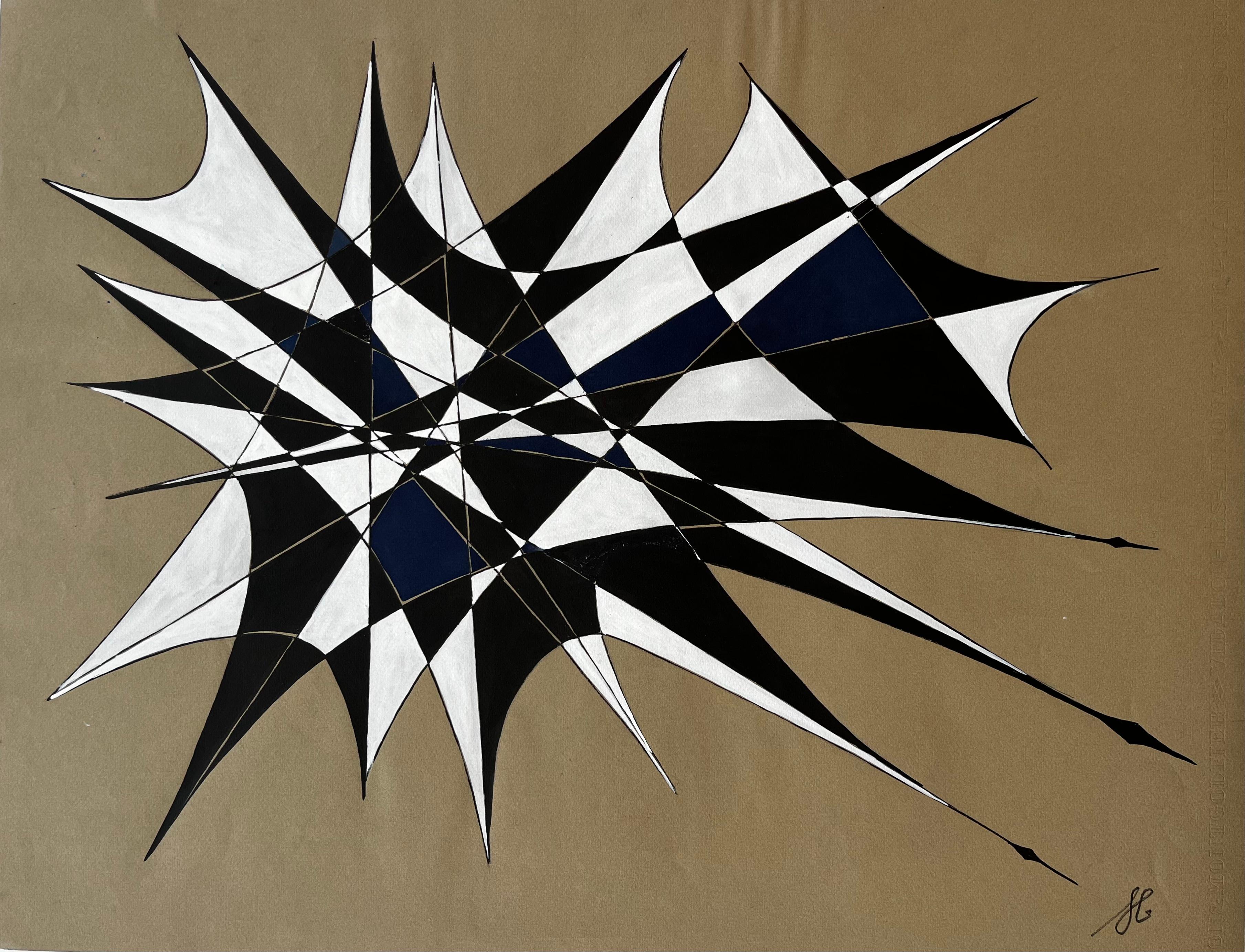 Mid Century French Geometric Abstract in Black White and Navy Signed SG