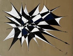 Mid Century French Geometric Abstract in Black White and Navy Signed SG
