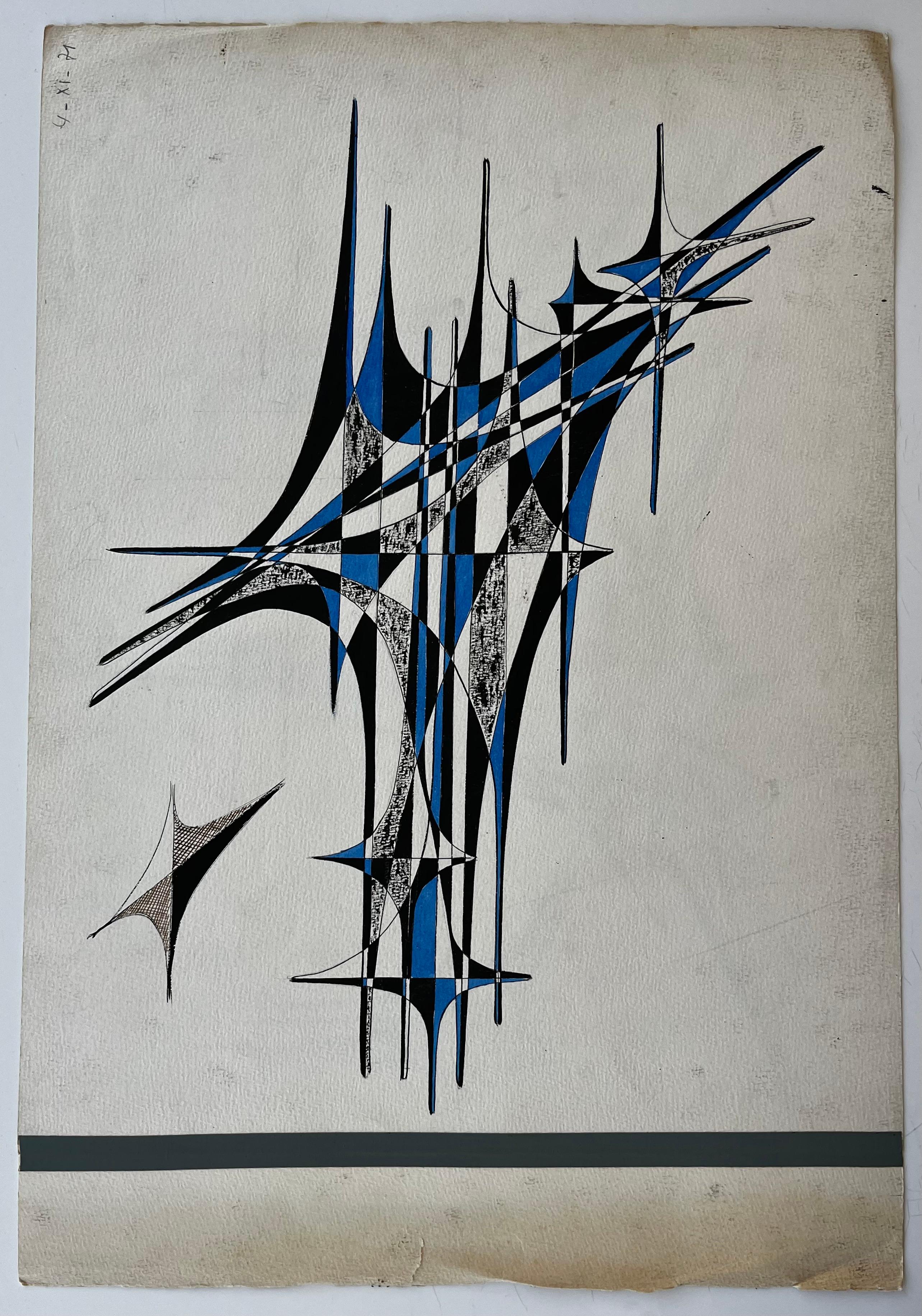 Mid Century French Geometric Abstract in Blau und Schwarz Tinte auf Papier – Painting von Serge Guerin (1916)