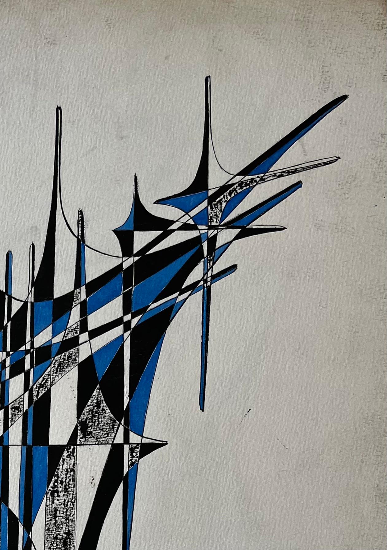 Mid Century French Geometric Abstract in Blau und Schwarz Tinte auf Papier (Geometrische Abstraktion), Painting, von Serge Guerin (1916)