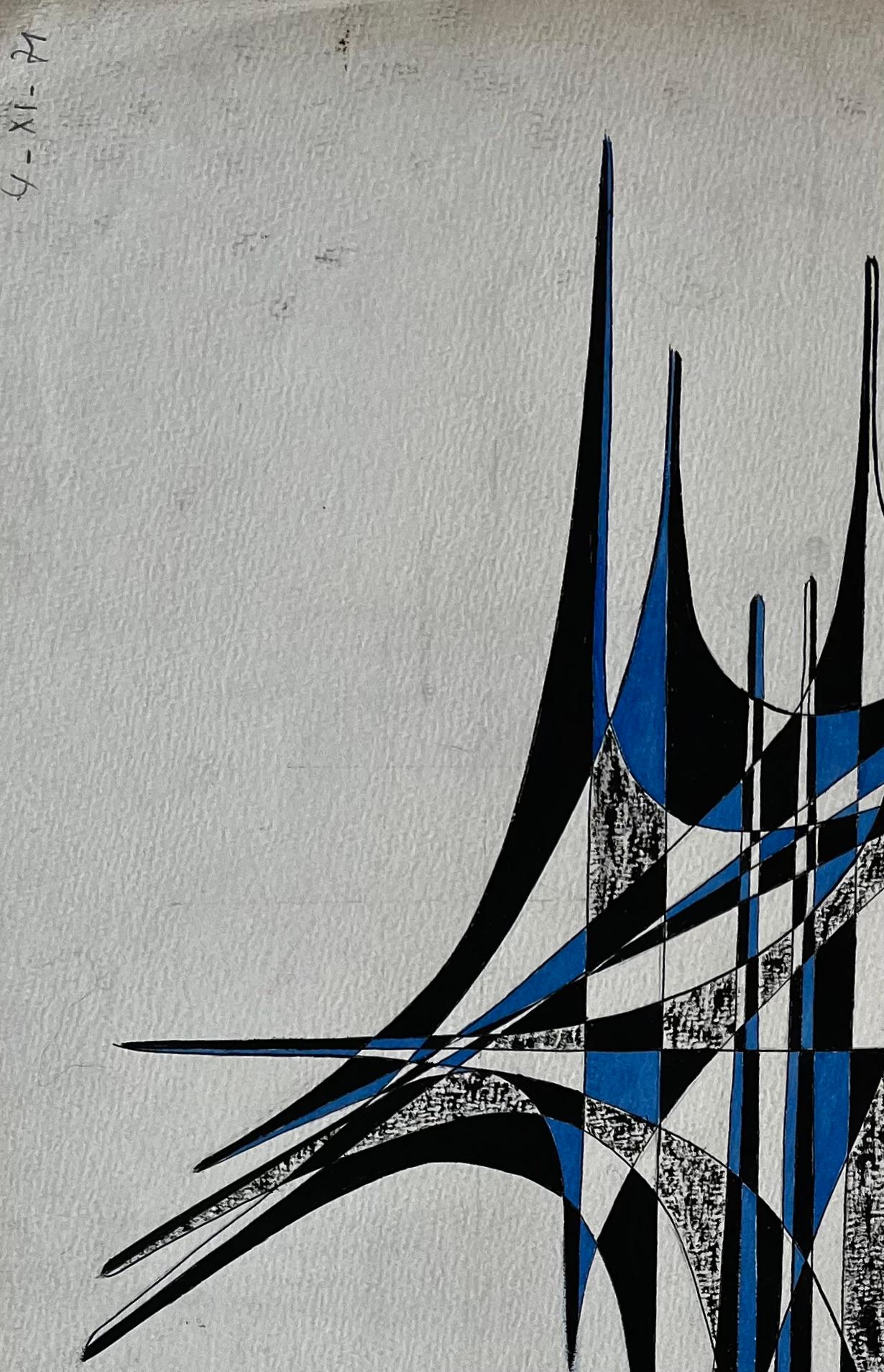 Mid Century French Geometric Abstract in Blau und Schwarz Tinte auf Papier (Grau), Abstract Painting, von Serge Guerin (1916)