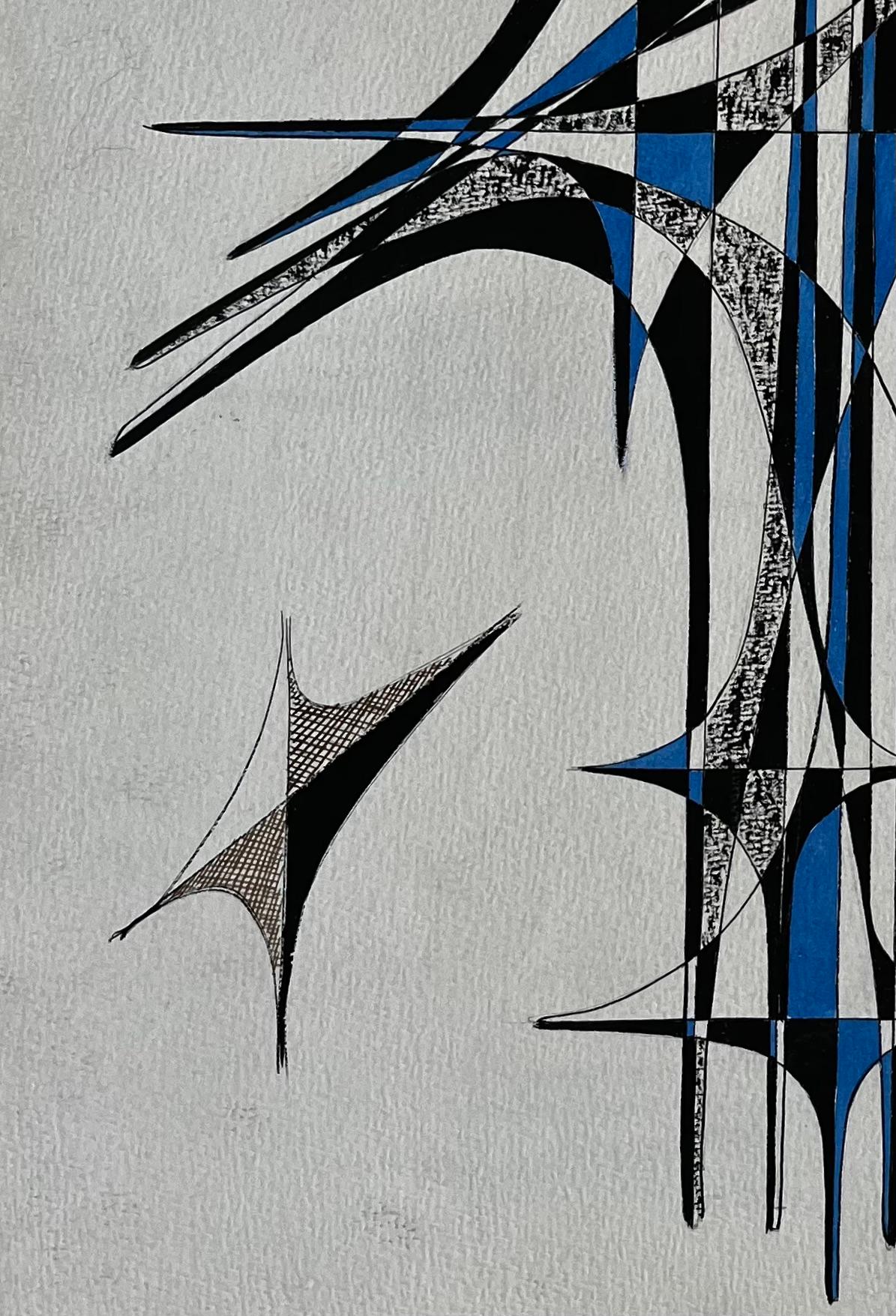 Titel: Mid Century French Geometric Abstract in Blau und Schwarz auf Papier
von Serge Guerin (geb. 1916), Franzose
Tusche und Gouache auf Papier, ungerahmt
Größe: 28,5 (Höhe) x 19,75 (Breite) Zoll
Provenienz: Privatsammlung, Paris,