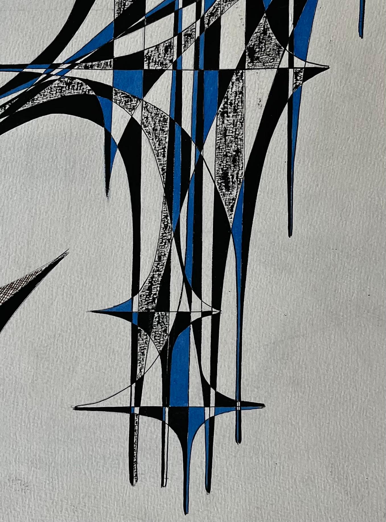 Mid Century French Geometric Abstract in Blau und Schwarz Tinte auf Papier im Angebot 1